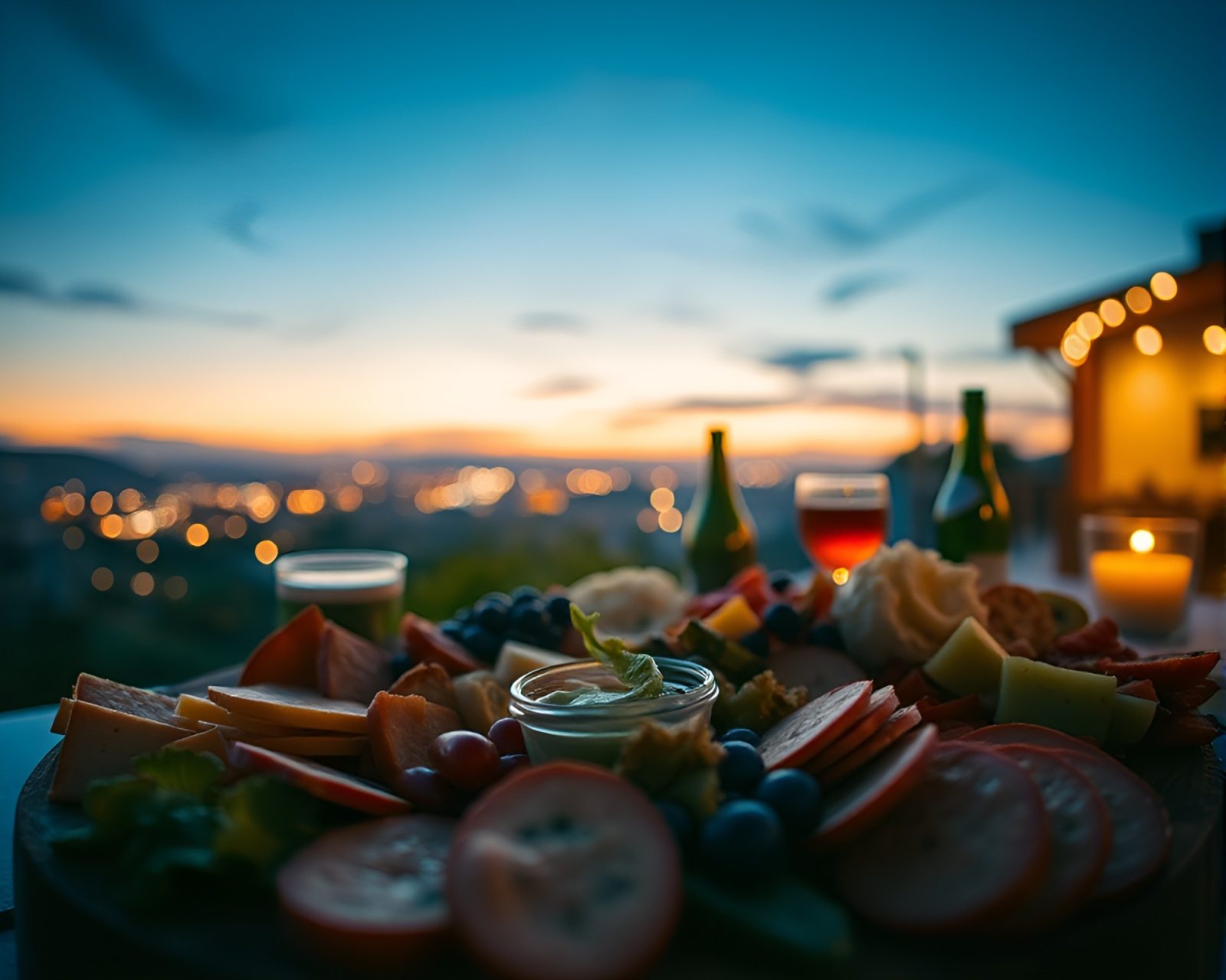 Retro futurism styled image of a charcuterie board at dusk