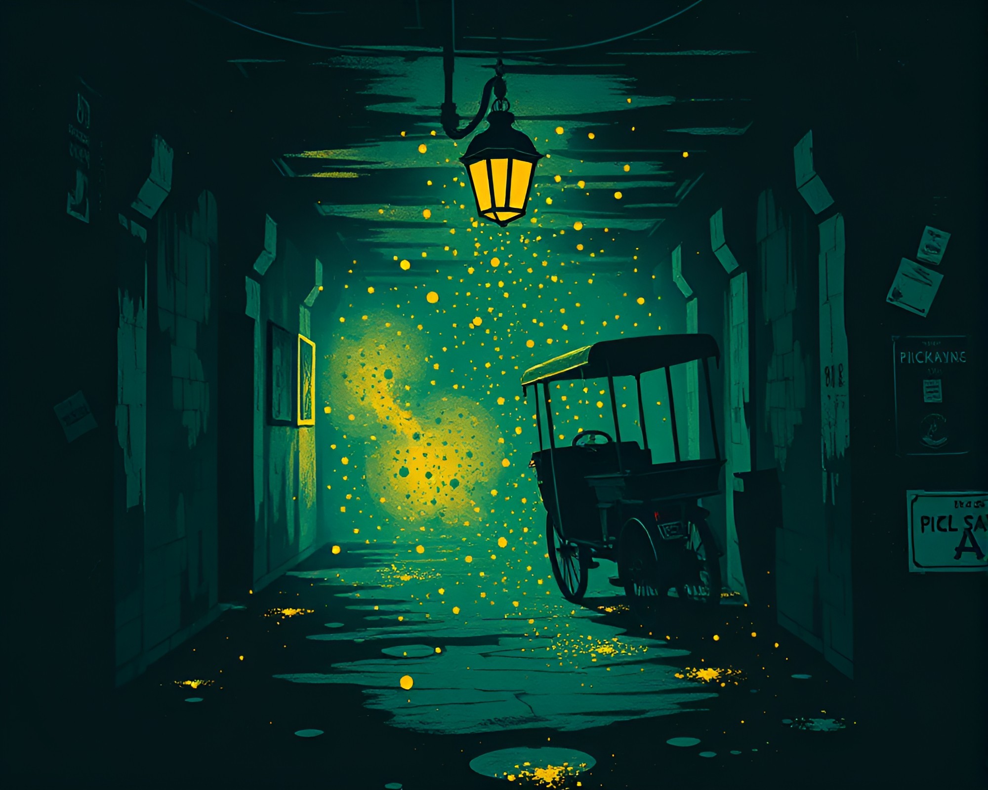 Rickshaw Journey Through Glimmering Particles – free AI stock image