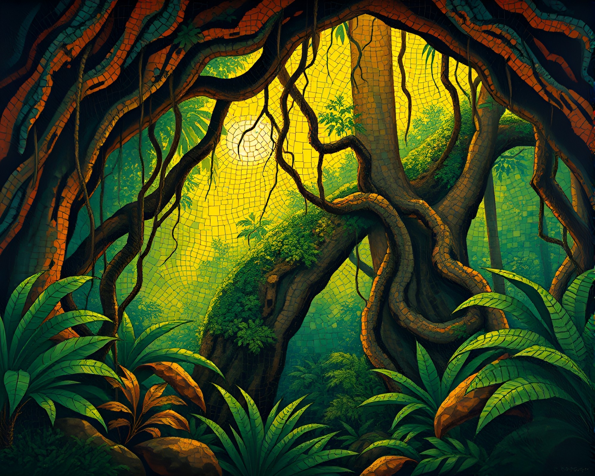 Cavern Jungle Canopy Mosaic Tiling Underpainting – free AI stock image