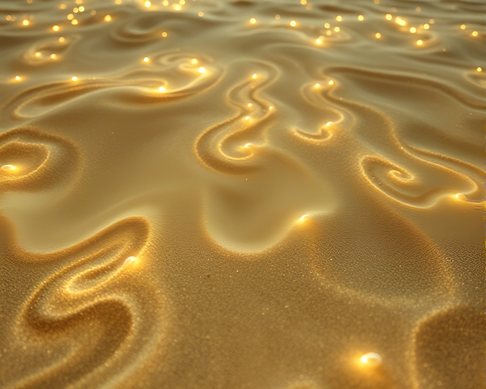 Glowing sand patterns under bioluminescent trees in warm light