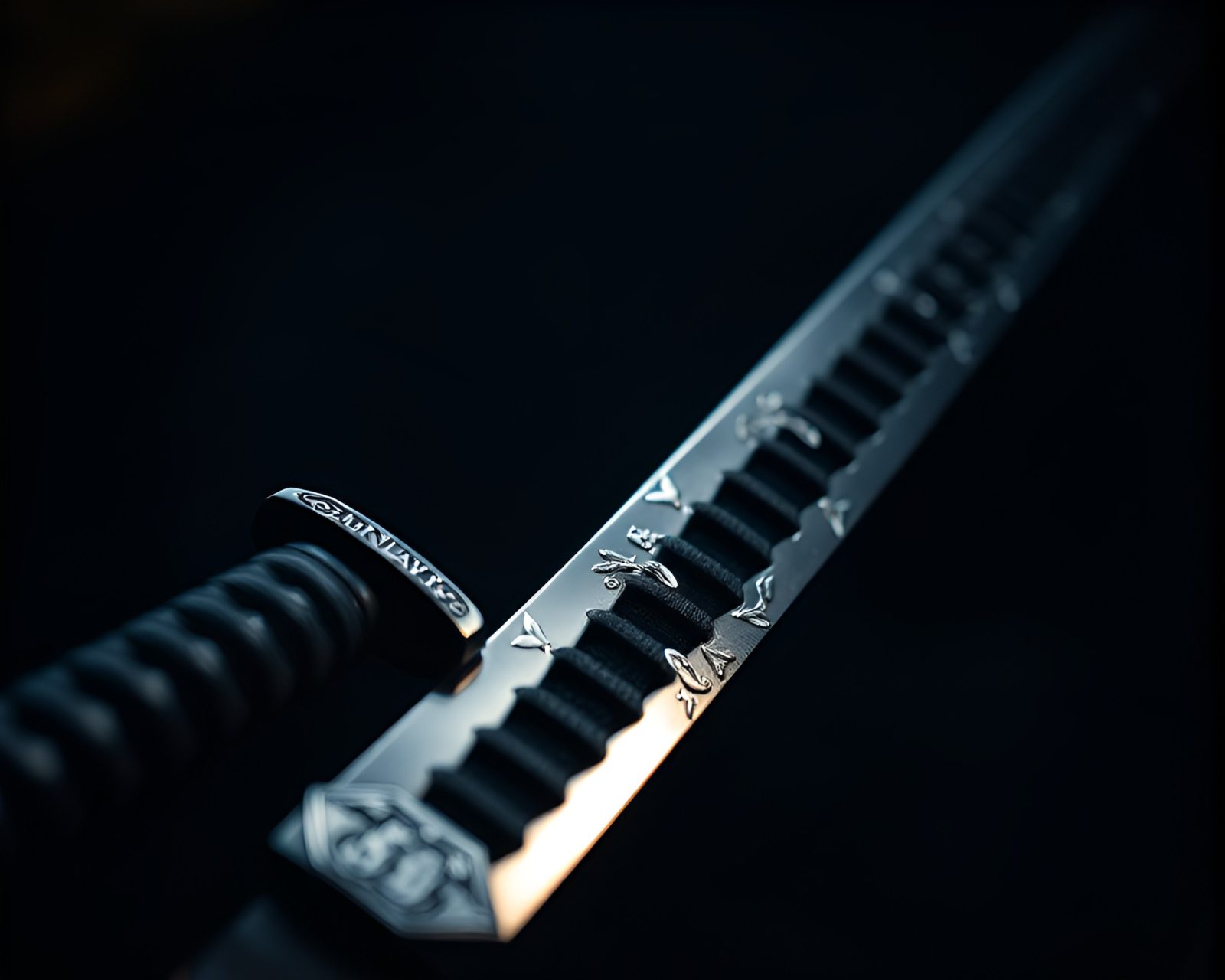 Glowing katana in low light with intricate silver details