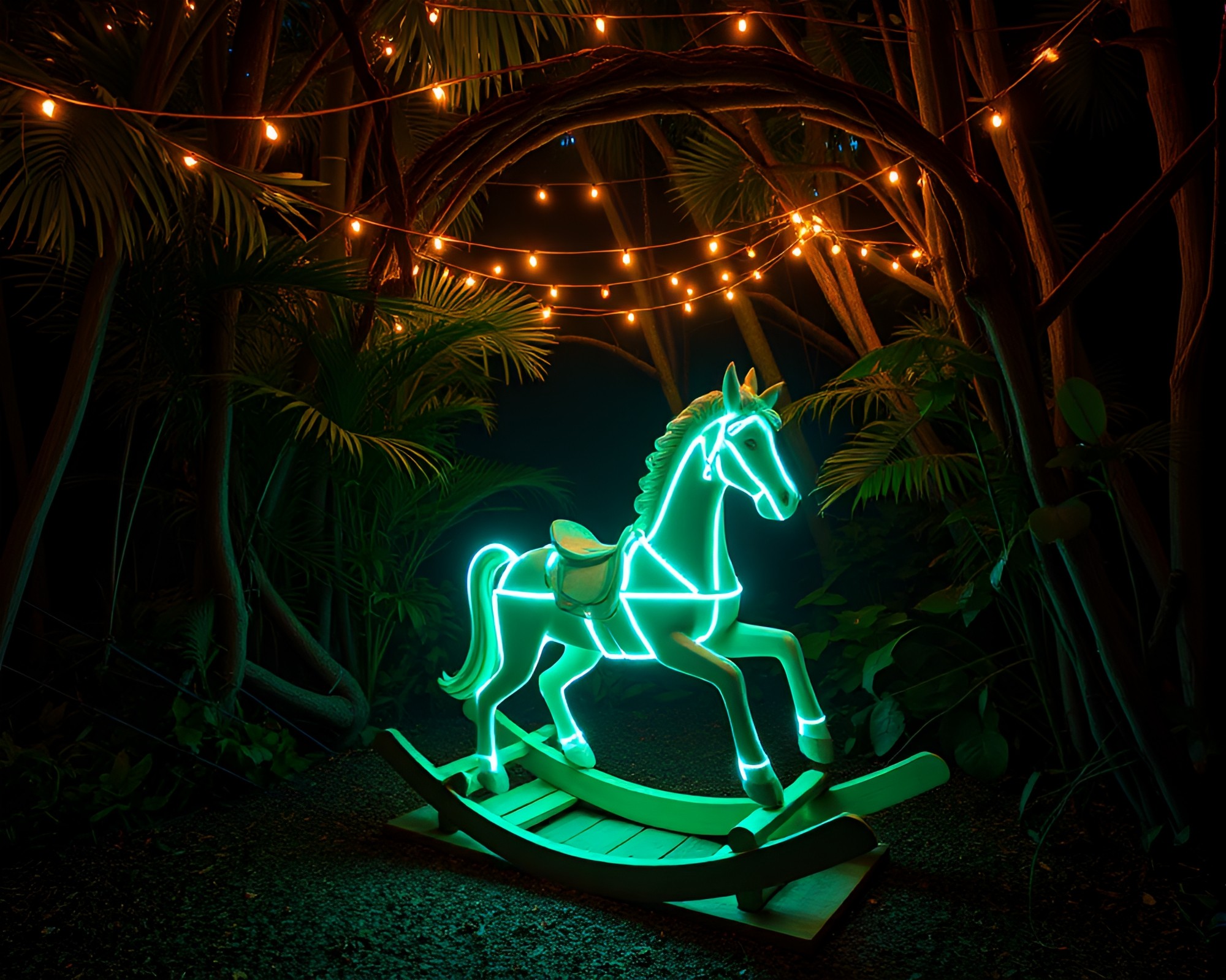 Enchanted Wooden Rocking Horse in Jungle Light Trails – free AI stock image