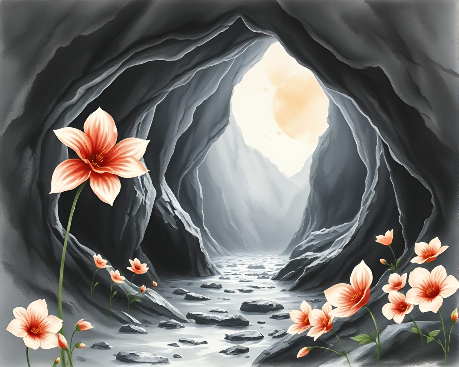 Watercolor painting of luminous cave opening in icy cavern
