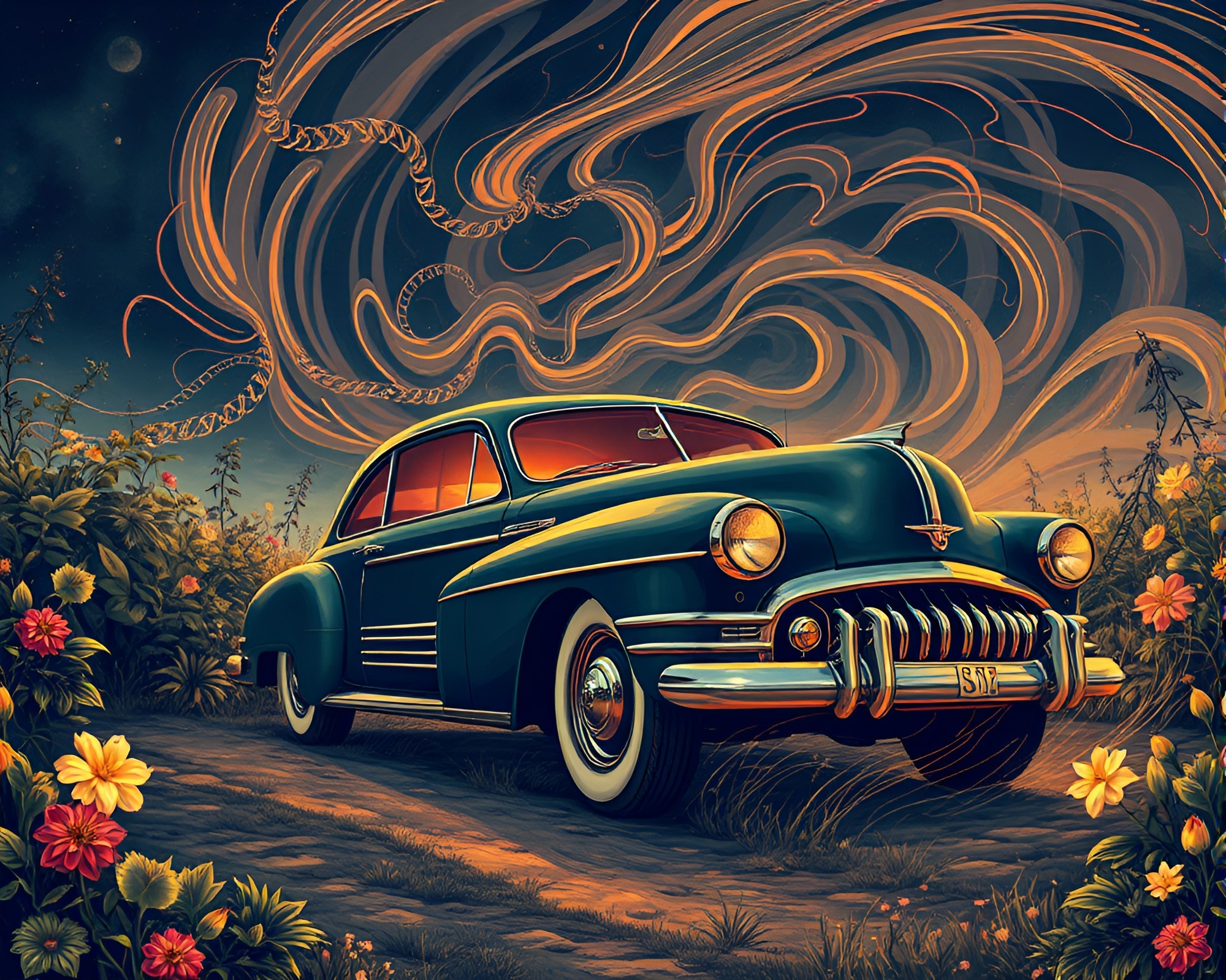 Vintage Car Botanical Spiral Vortex Artwork – free AI stock image