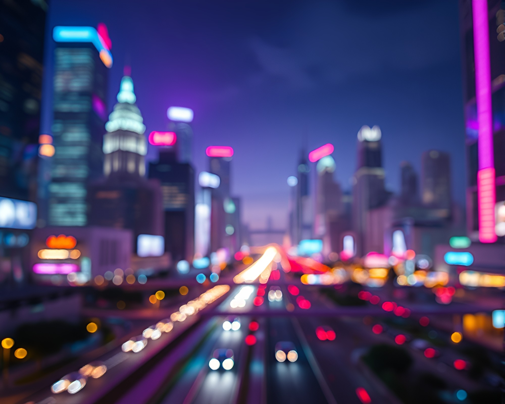 Neon Virtual Cityscape: Hazy Bokeh Illumination – free AI stock image