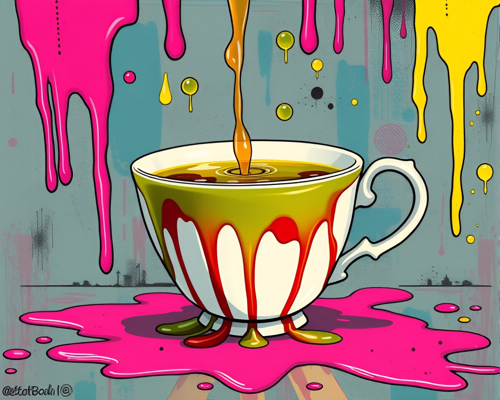 Colorful manga-style tea cup hovering in graffiti-filled environment