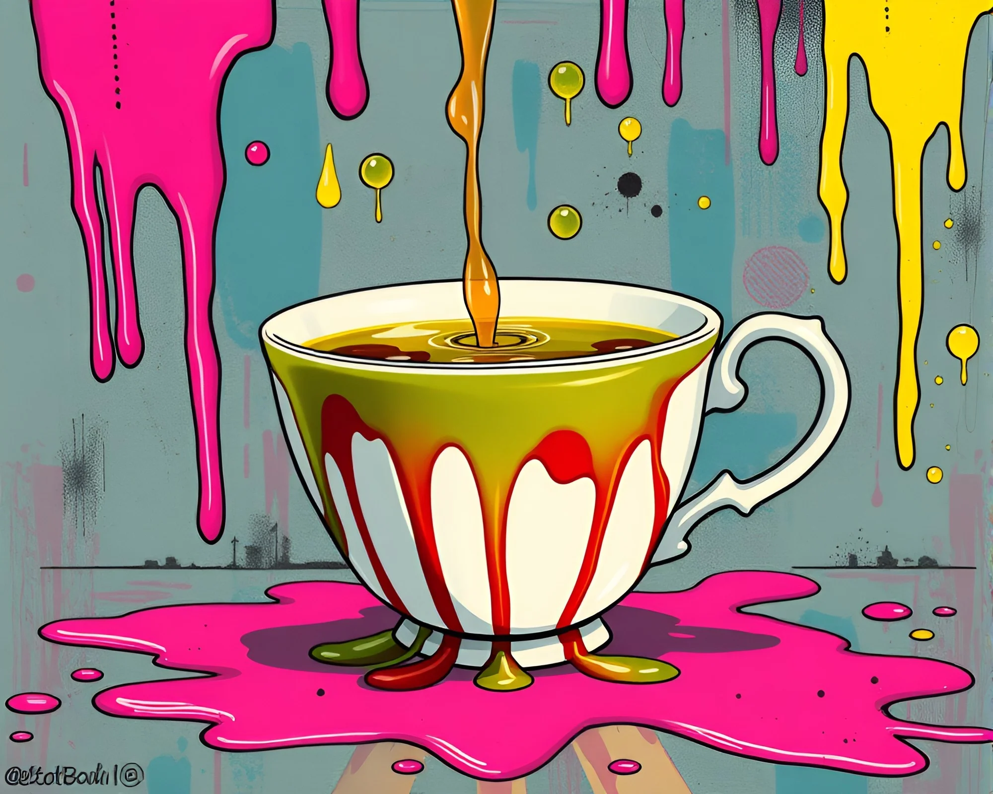 Surreal Floating Tea Cup in Manga Graffiti World