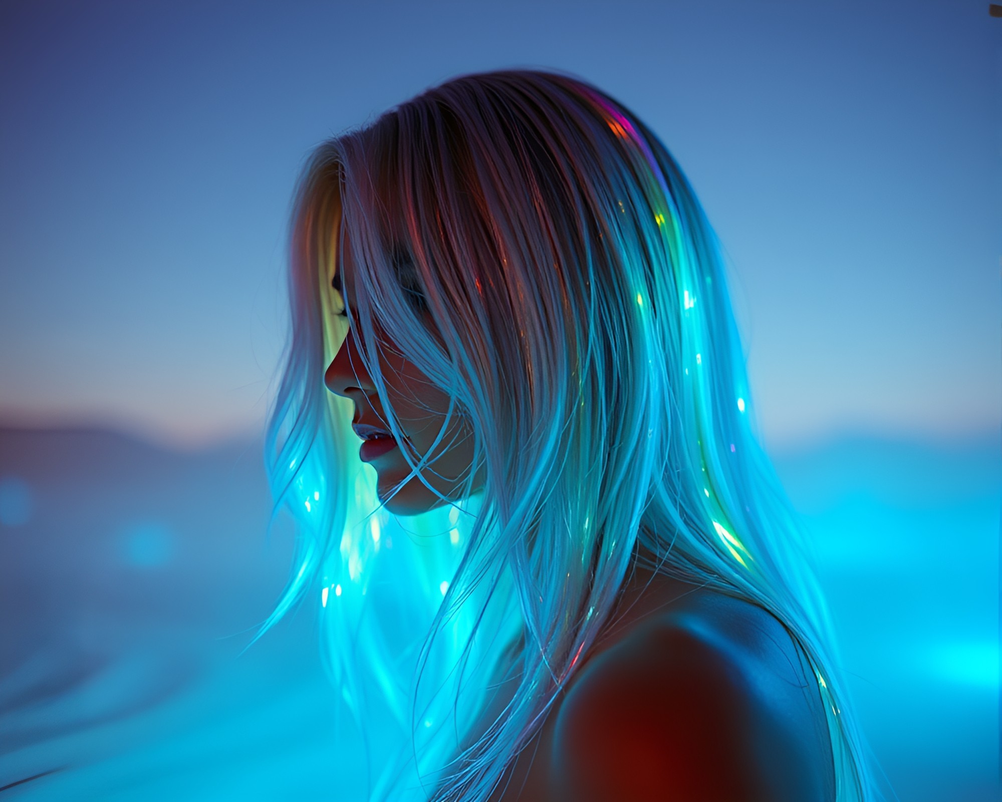 Desert Mirage: Holographic Hair Simulation with Light Leaks – free AI stock image