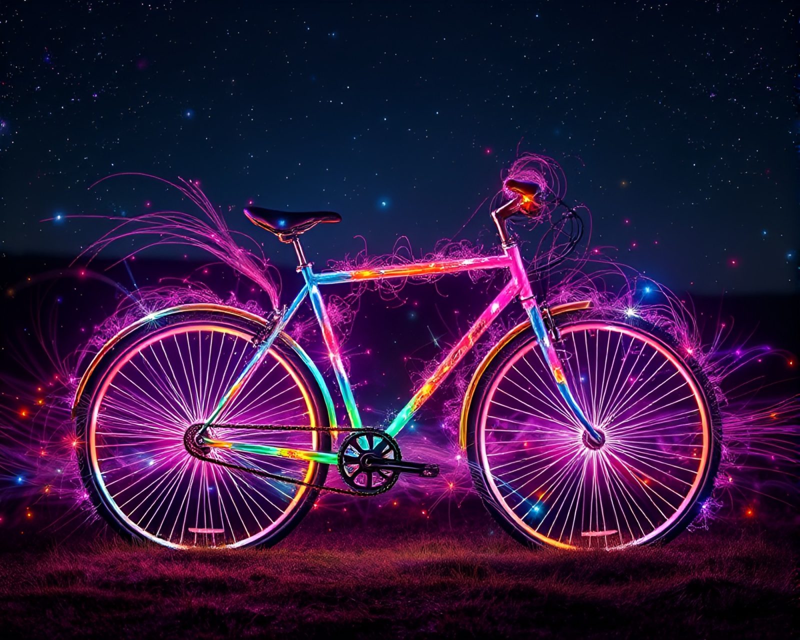 Colorful divisionism-style art of a bicycle surrounded by fiber optics
