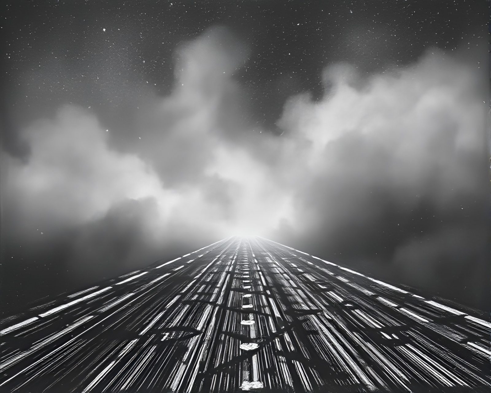 Intersecting dimensions in foggy monochrome chalk illustration
