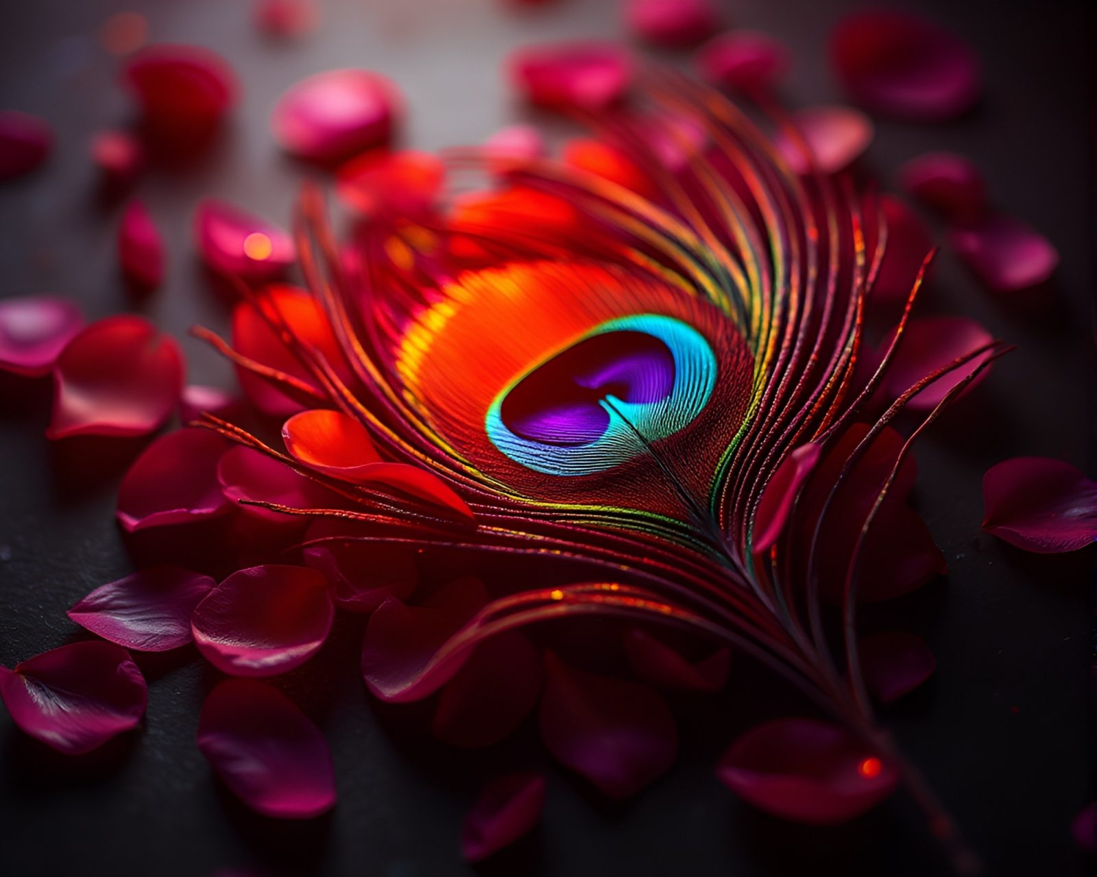 Glowing peacock feathers intertwined with colorful flower petals