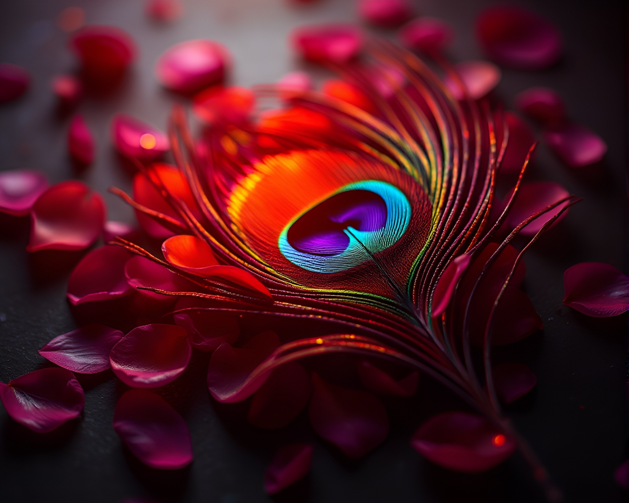 Enchanting Peacock Feathers Amidst Petal Compositions – free AI stock image