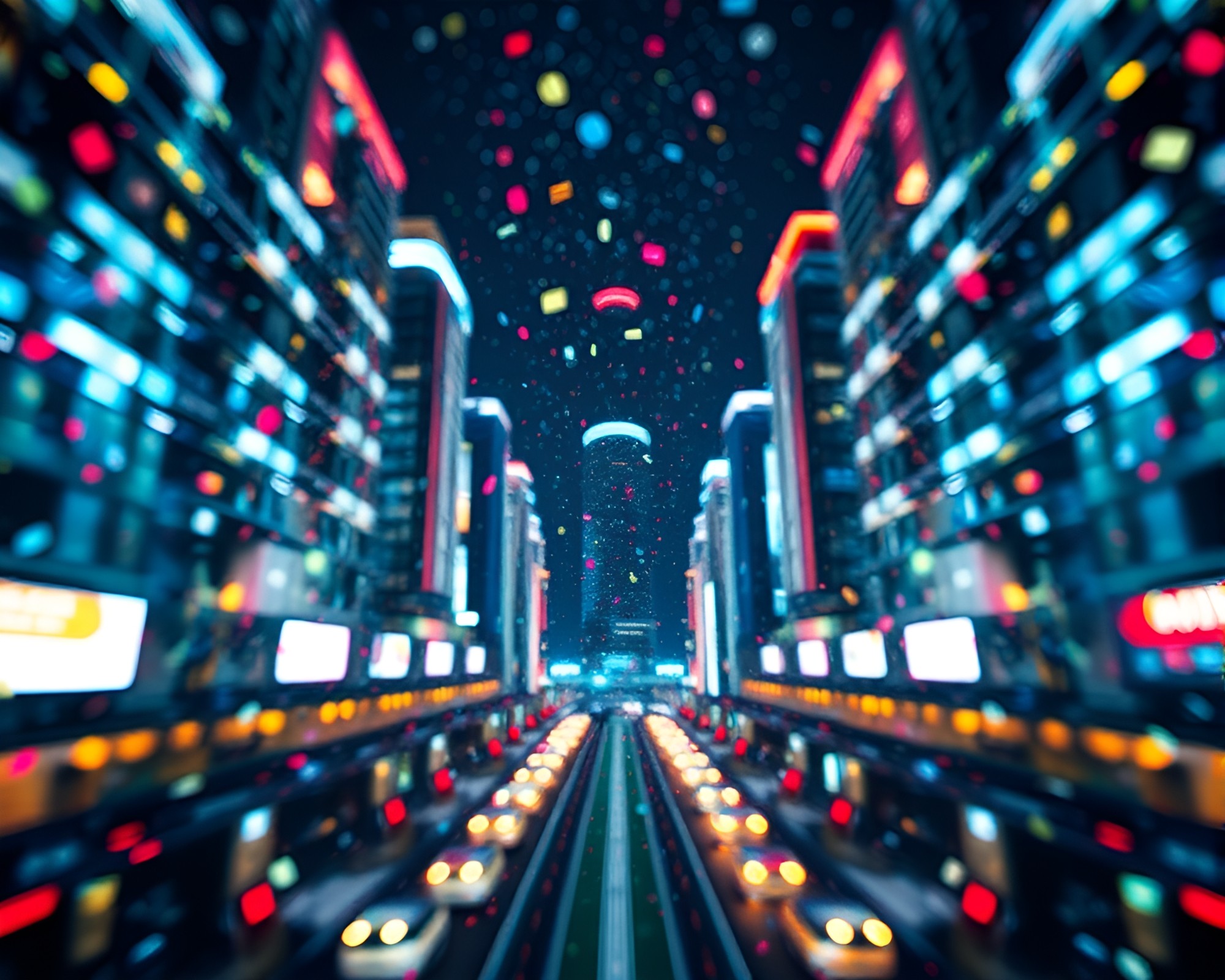 Symmetrical Futuristic City Bursting with Confetti Colors – free AI stock image