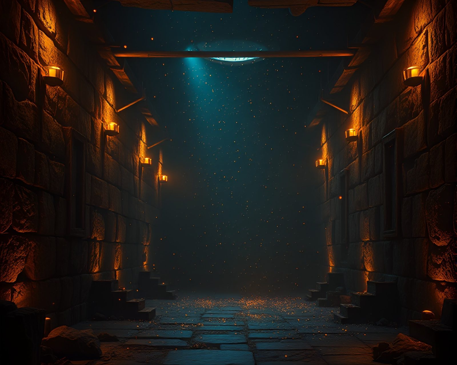 Mystical armor in golden hour basement with floating particles
