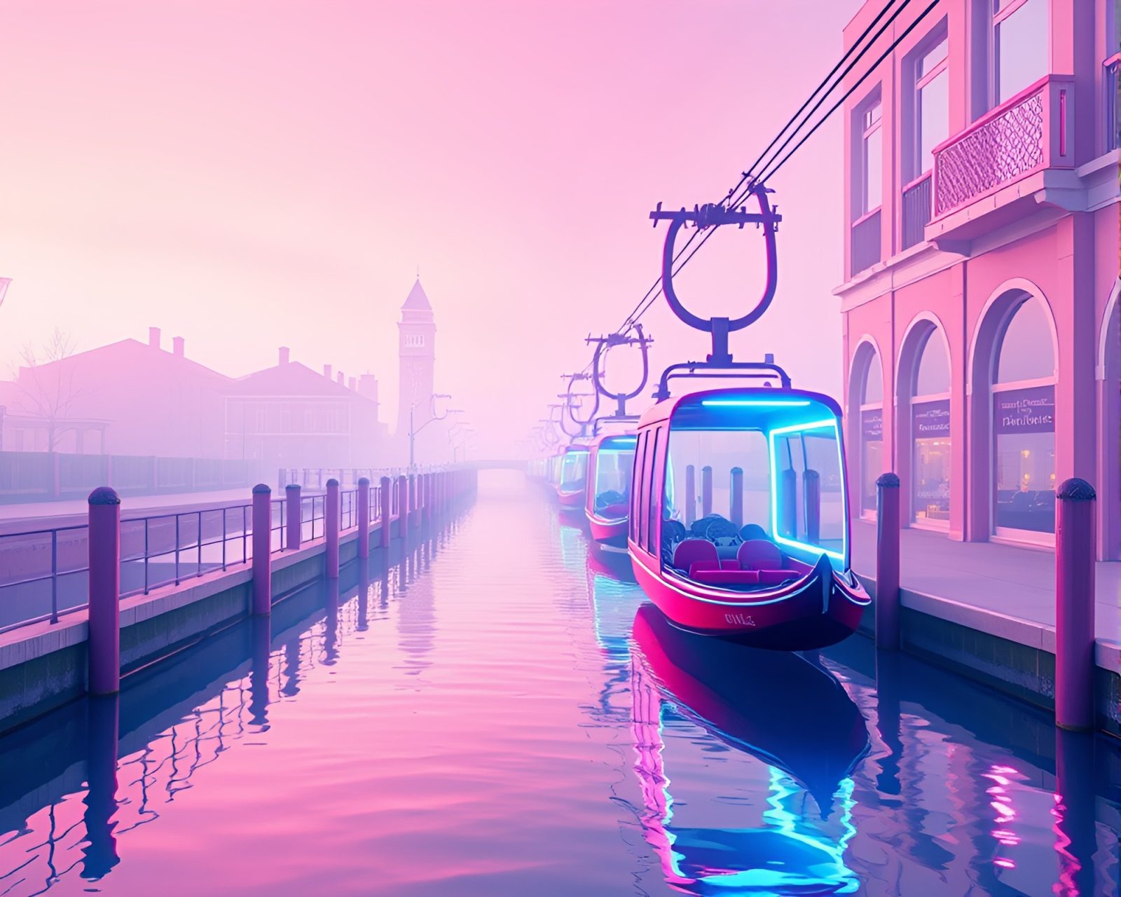 Gleaming neon gondola lift against dreamy pastel backdrop