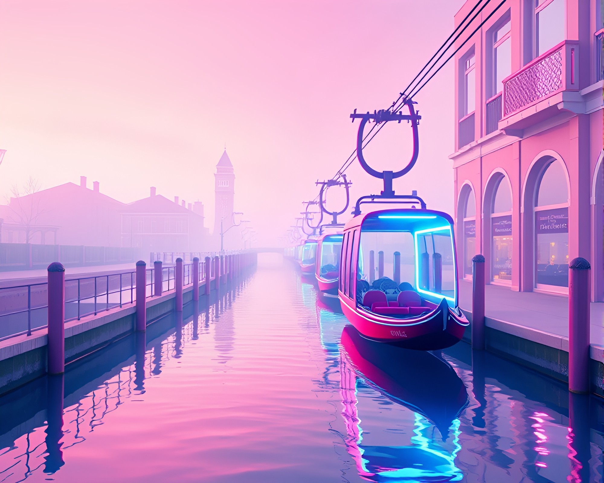 Neon Gondola Lift Reflections in Soft Pastels – free AI stock image