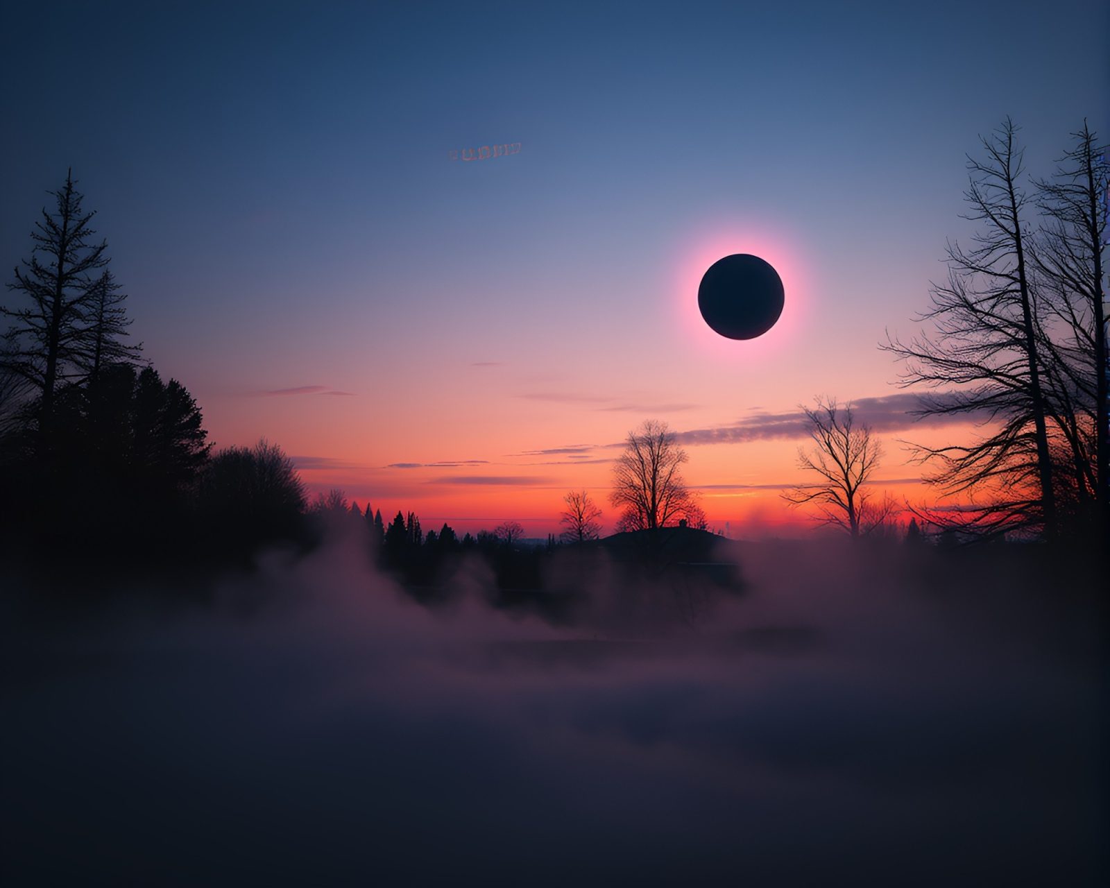 Surrealist depiction of a solar eclipse during twilight with steam