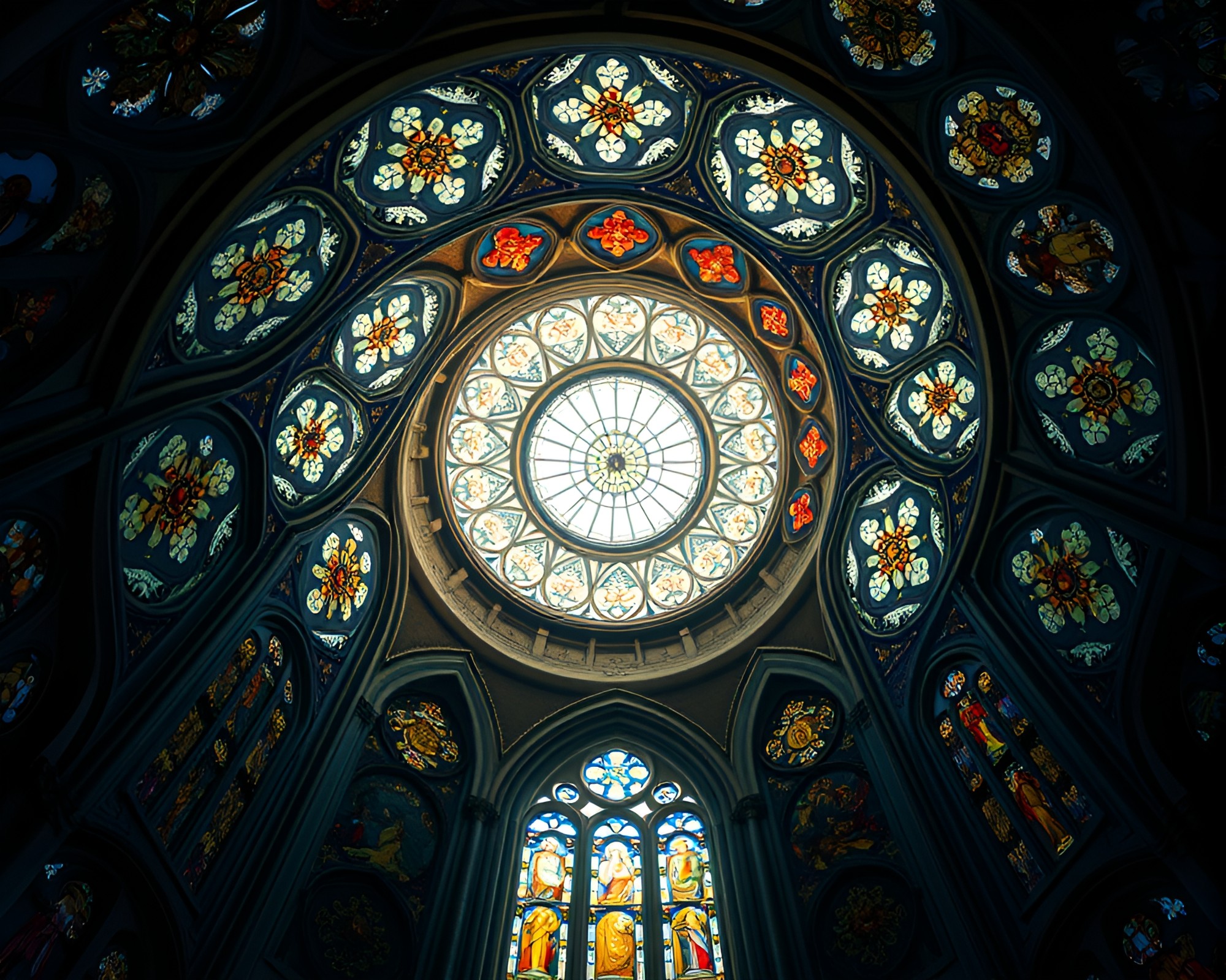 Maximalist Spiral Lantern Casting Cathedral Stained Light – free AI stock image