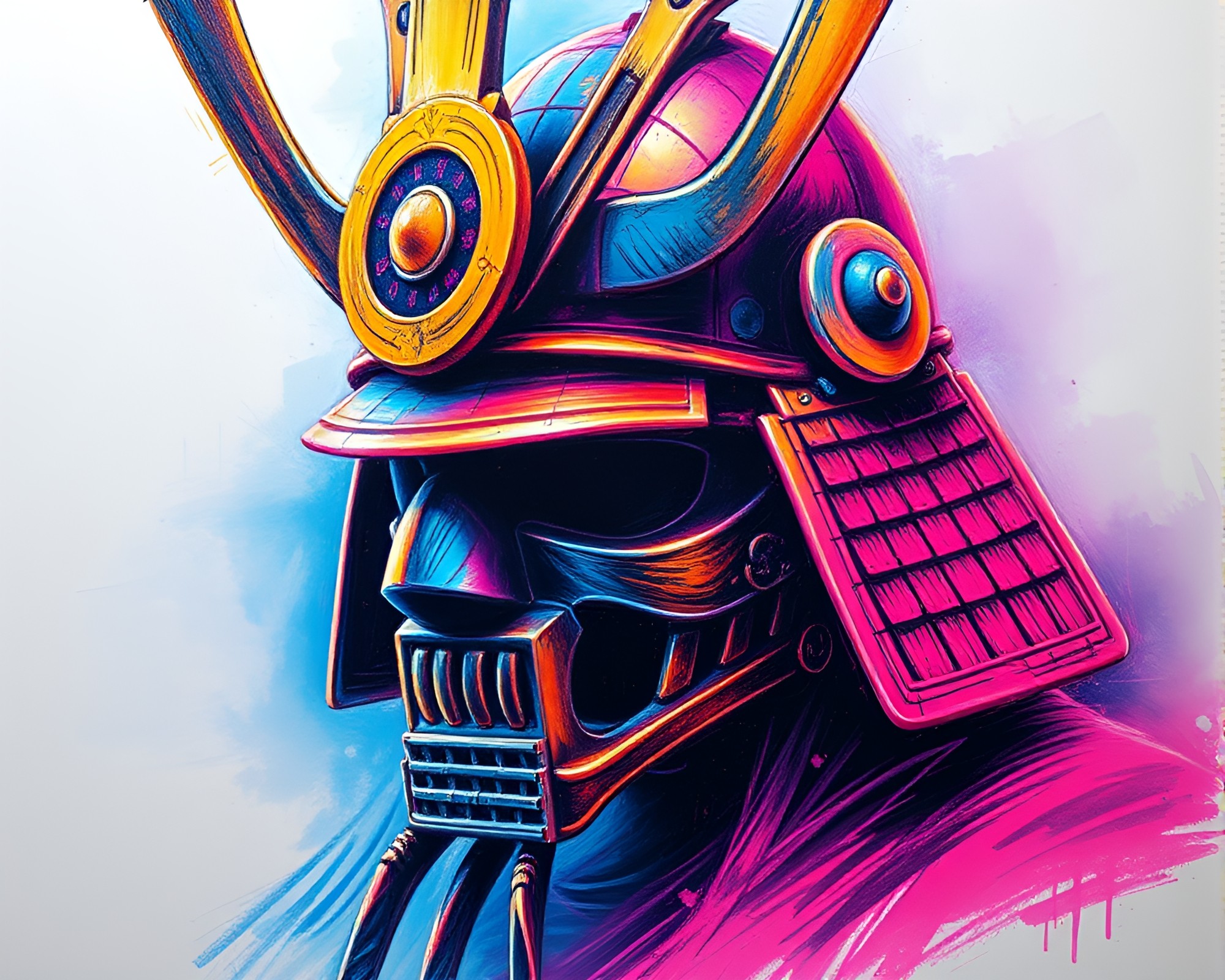Samurai Helmet in Neon Pastel Drawing – free AI stock image