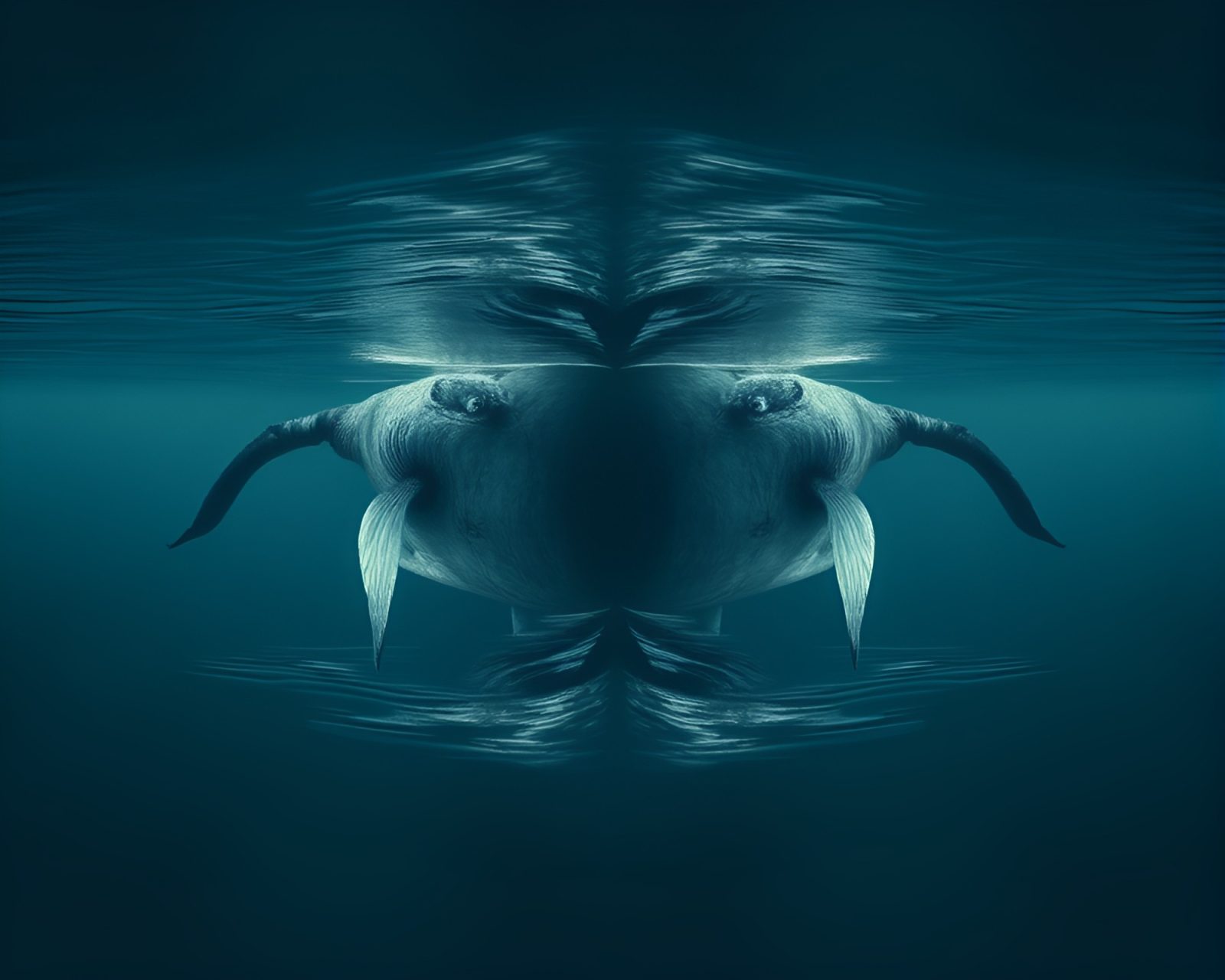 High dynamic range image of mirrored whale in soft colors
