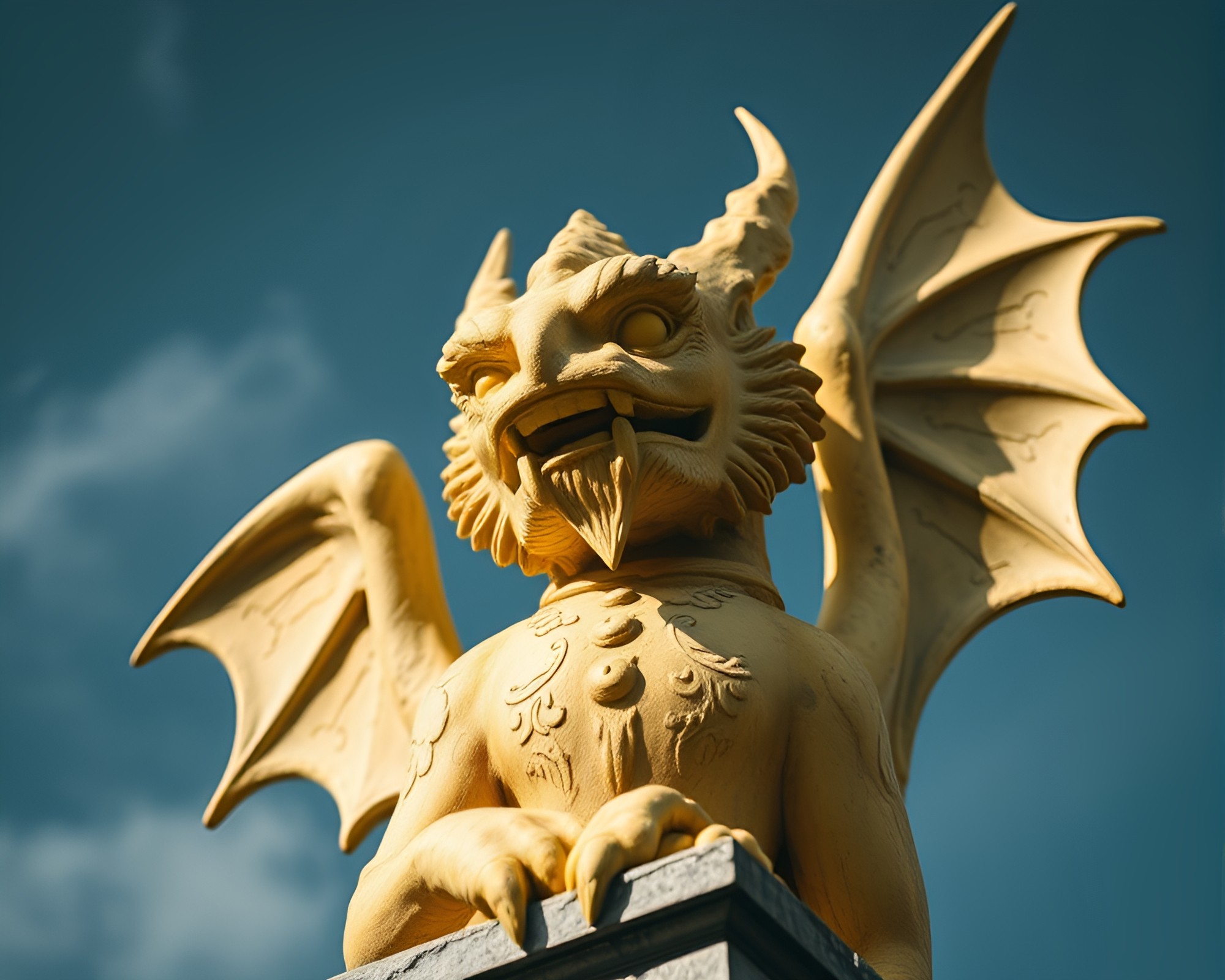 Gargoyle Statue Illuminated in Lemon Light Study – free AI stock image