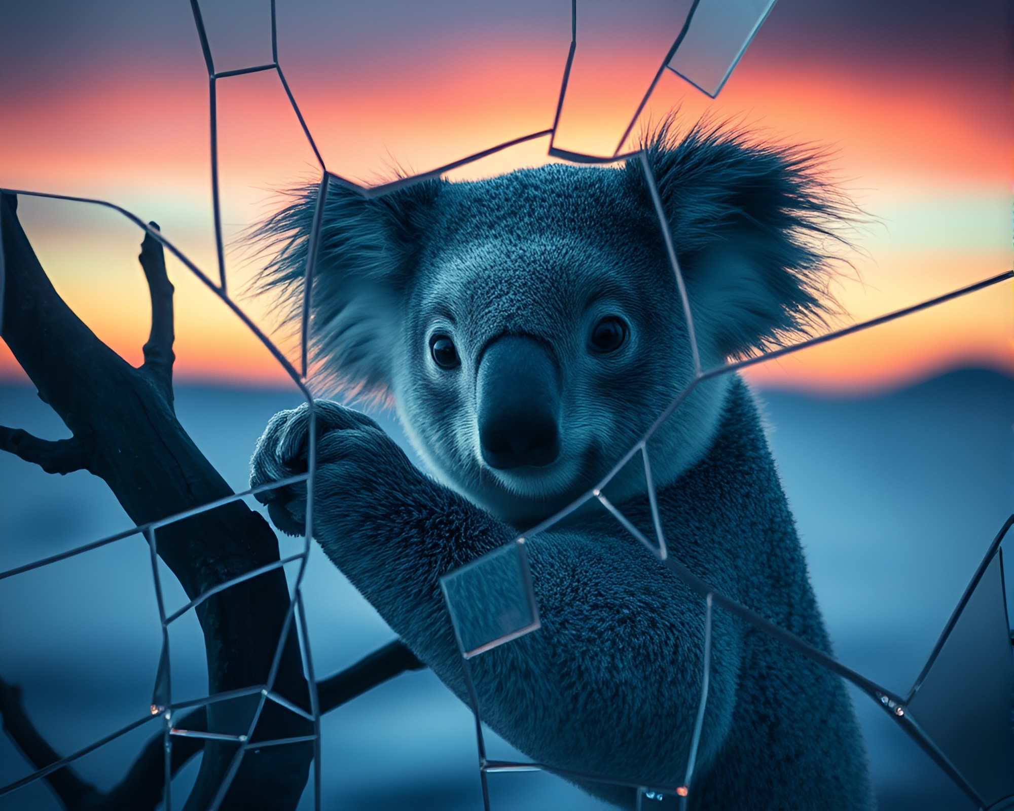 Koala Reflection in Polar Twilight through Broken Glass – free AI stock image
