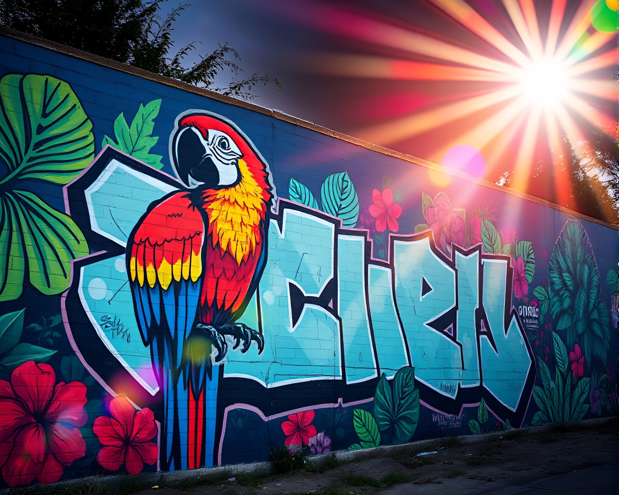 Vibrant Tropical Parrot Mural Graffiti in Solar Flare Glow – free AI stock image