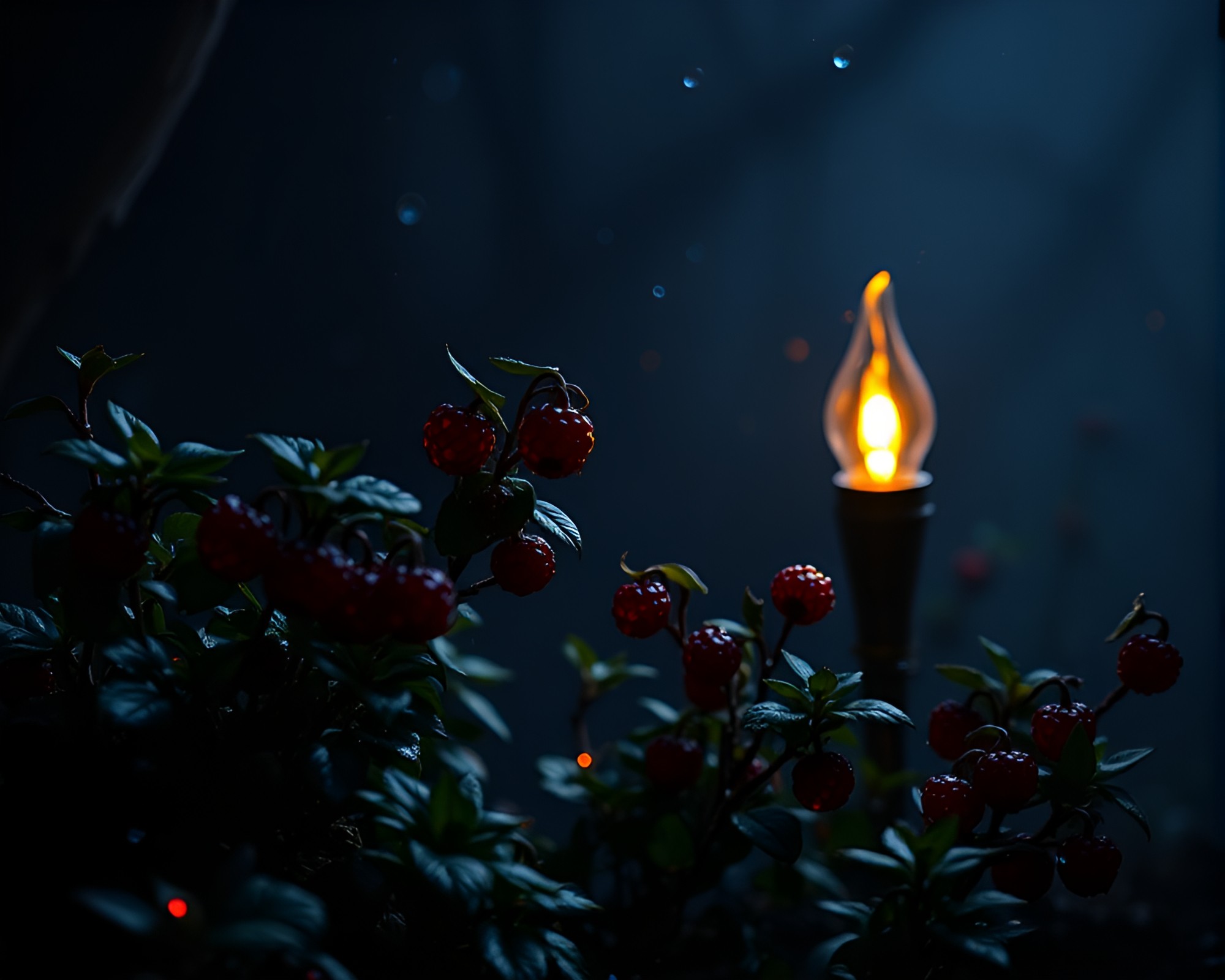 Raspberry Bush in Dungeon Torchlight – free AI stock image