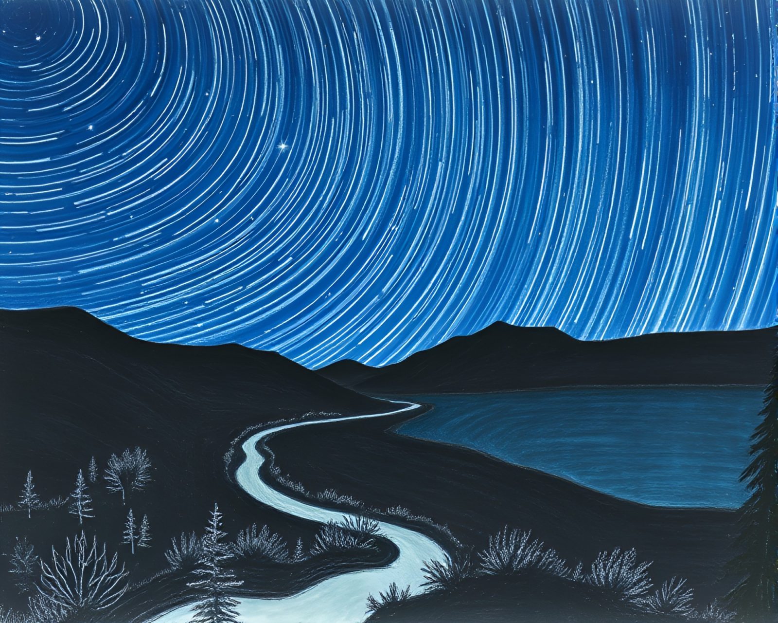 Dramatic android under star trails in conté crayon style