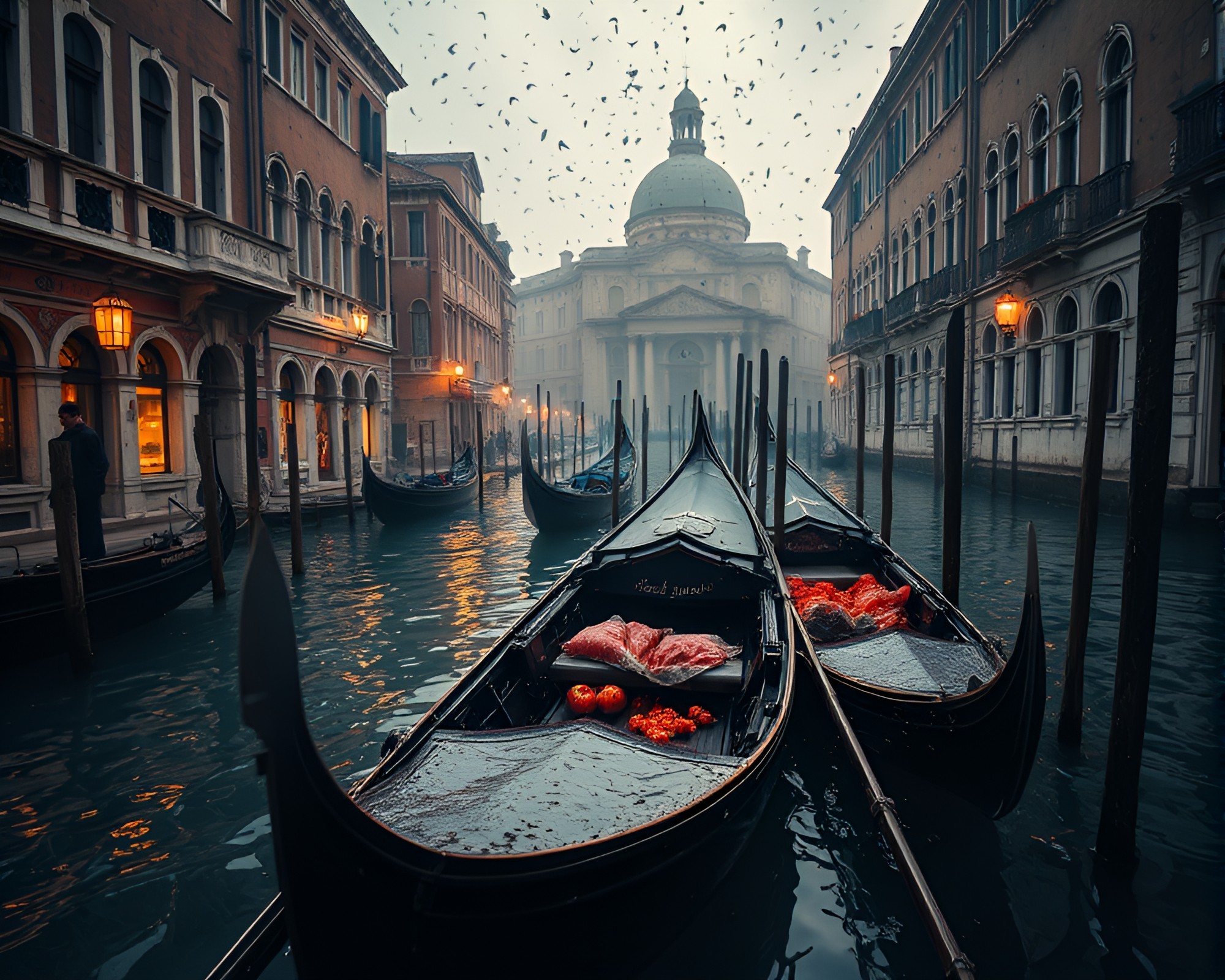 Venetian Gondola Silhouetted Against Indigo Hatching Sky – free AI stock image