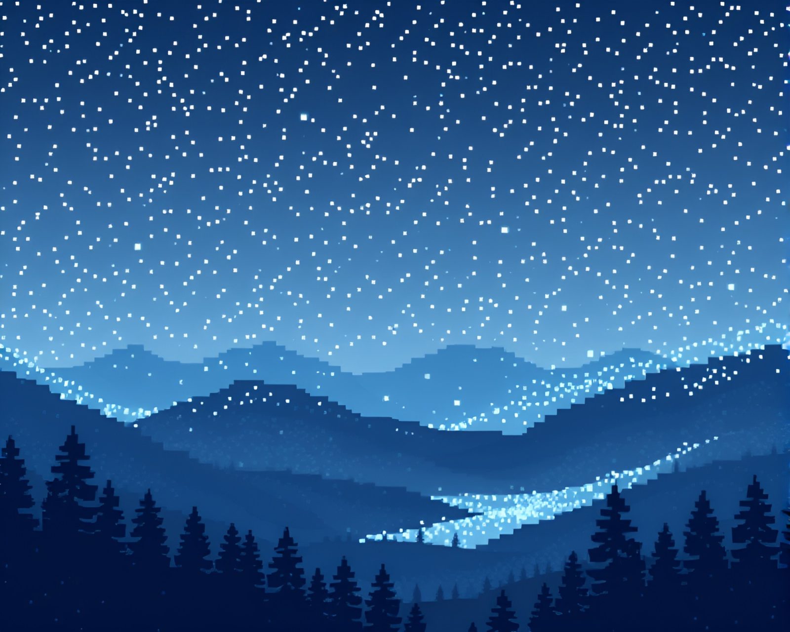 Northern tundra landscape in dot matrix style with pixelated light