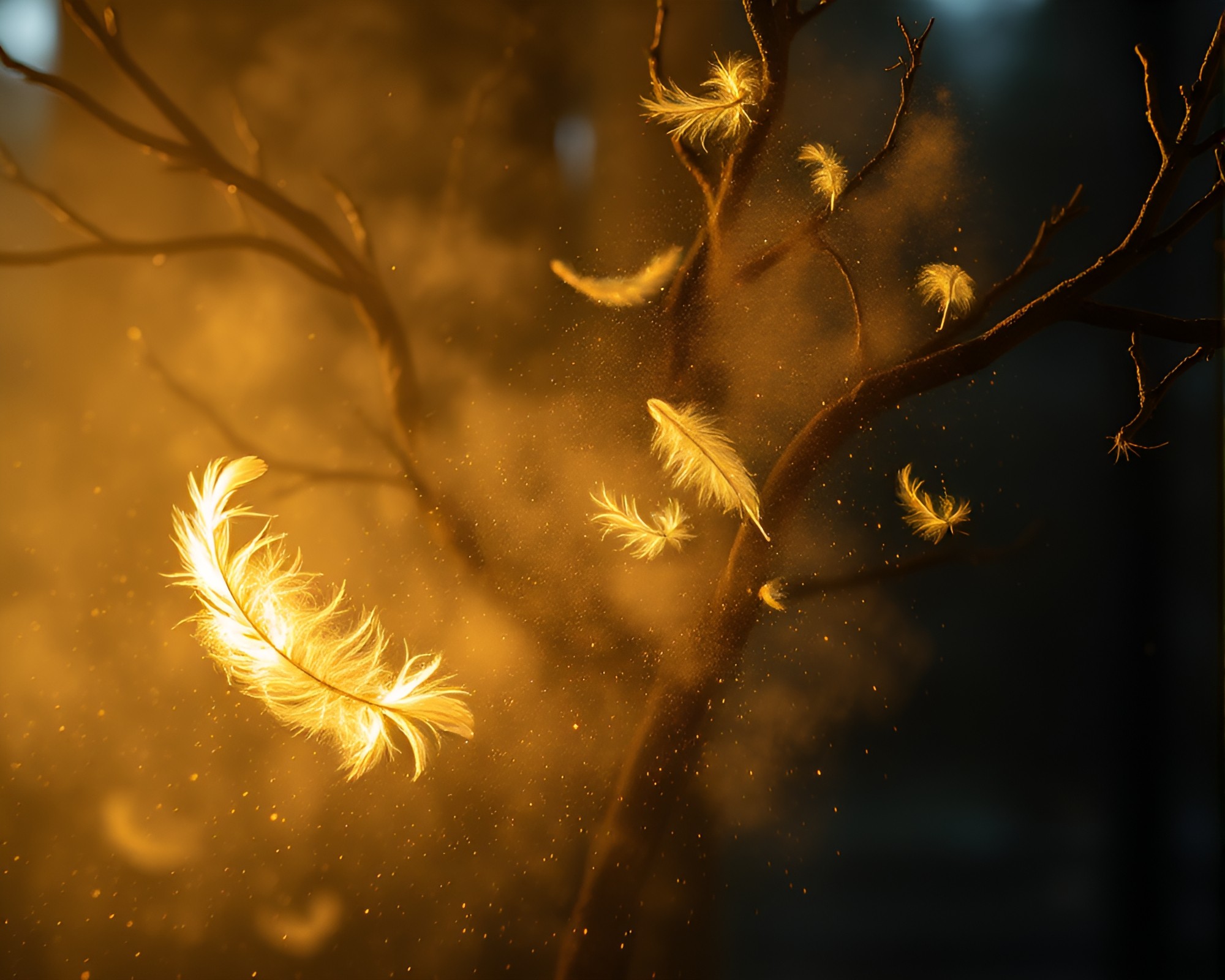 Neon-lit Ancient Tree Feather Dusting – free AI stock image