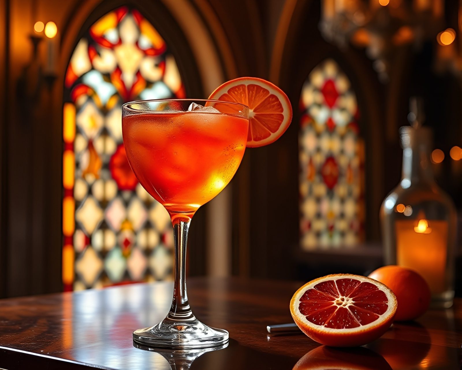 Vibrant stained light shining on intricate beadwork embellished cocktail