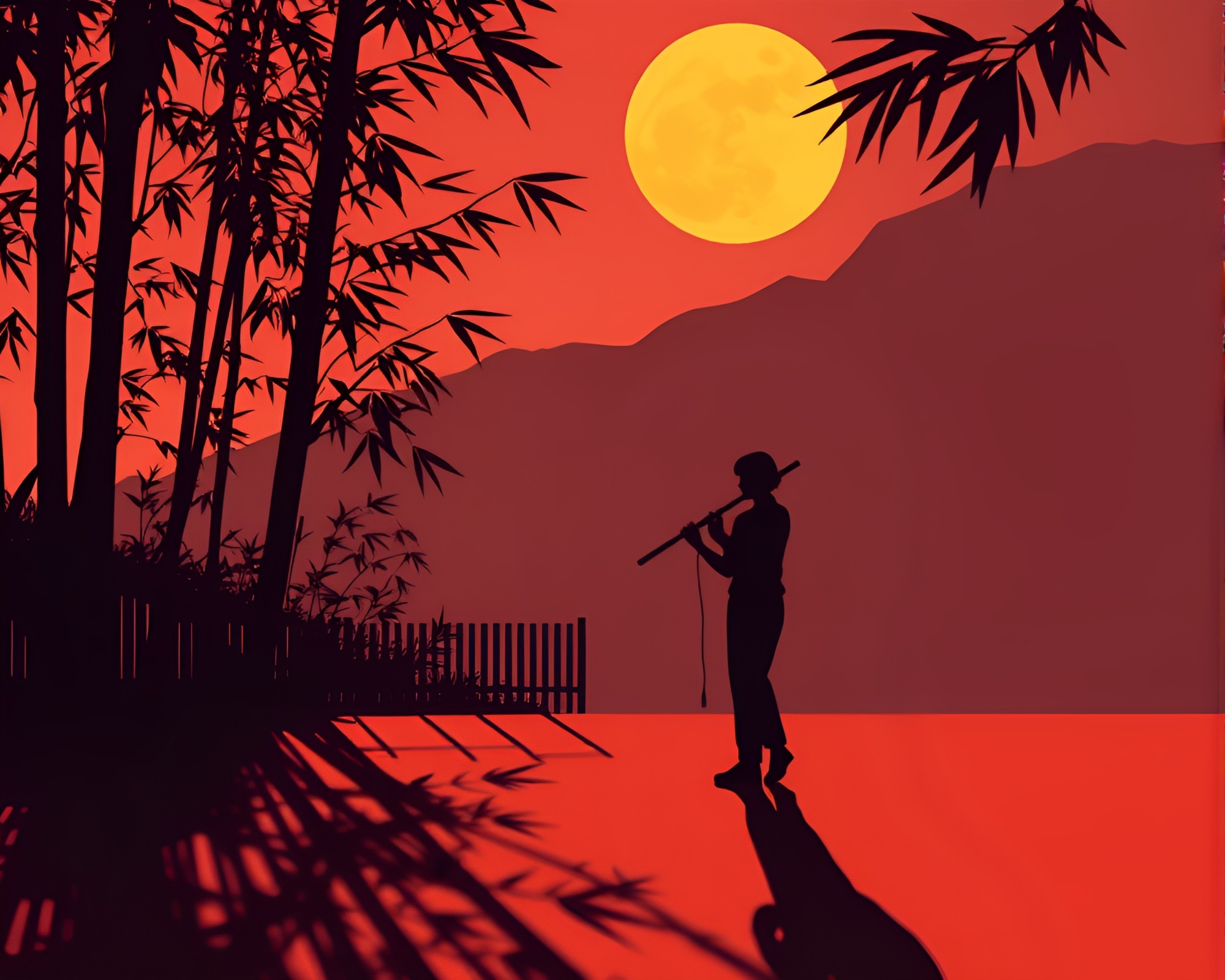 Bamboo Flute Shadow Silhouette in Warm Afternoon Glow – free AI stock image