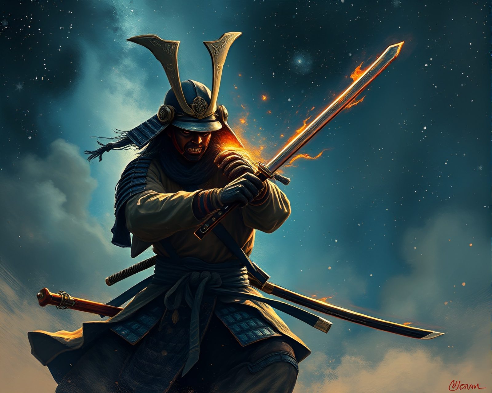 Dynamic samurai warrior under a starlit sky painting