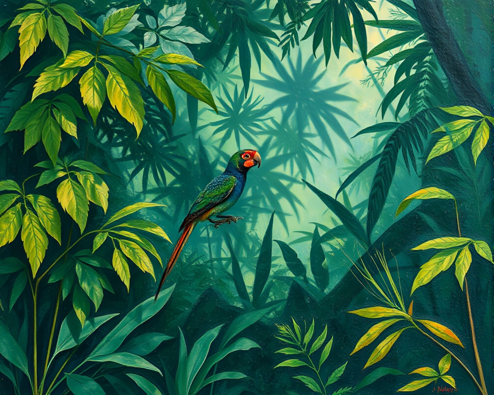 Colorful jungle scene with dynamic splatter details under hard shadows