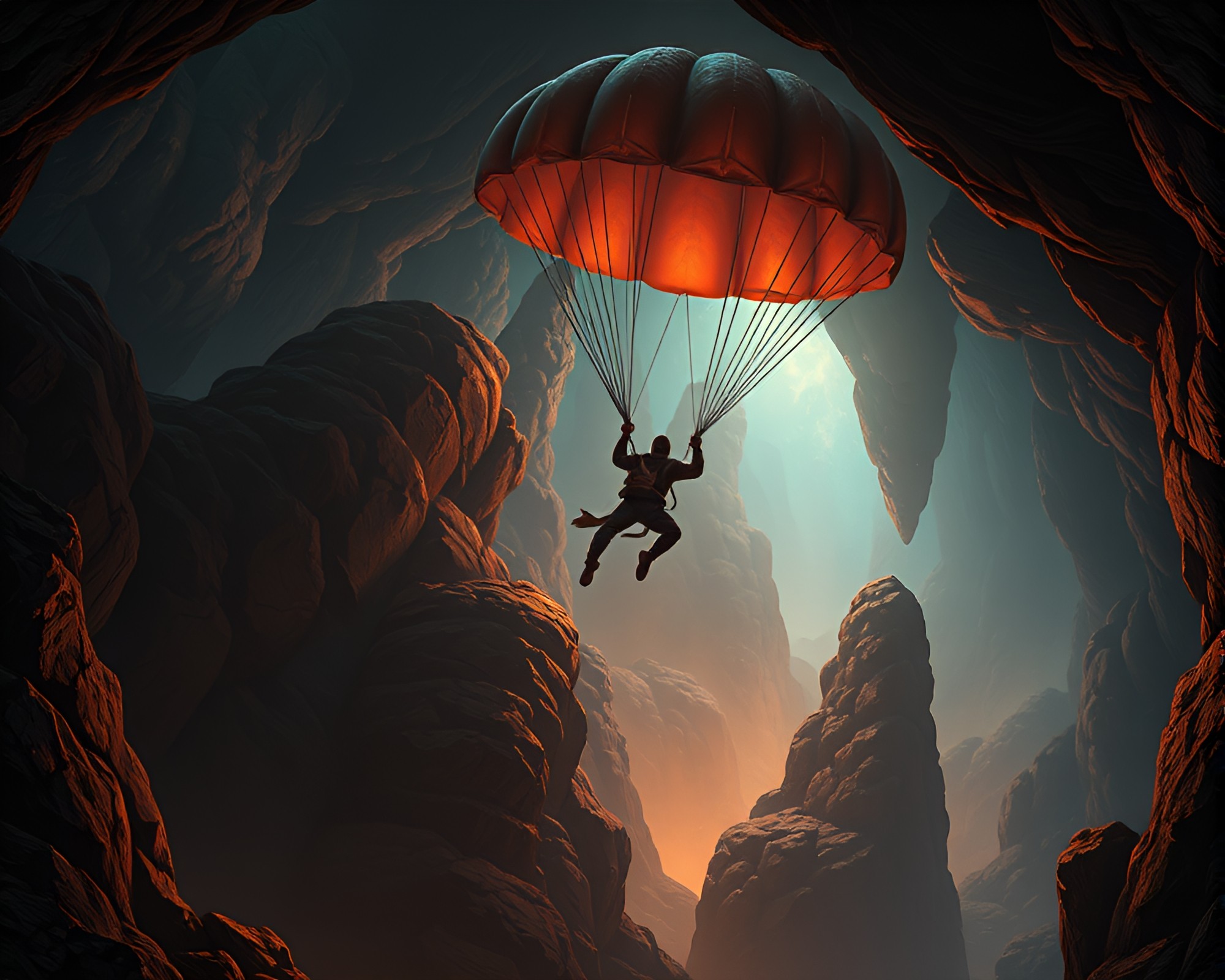 Parachute Jumper in Dungeon Torchlight Wood Grains Concept Art – free AI stock image