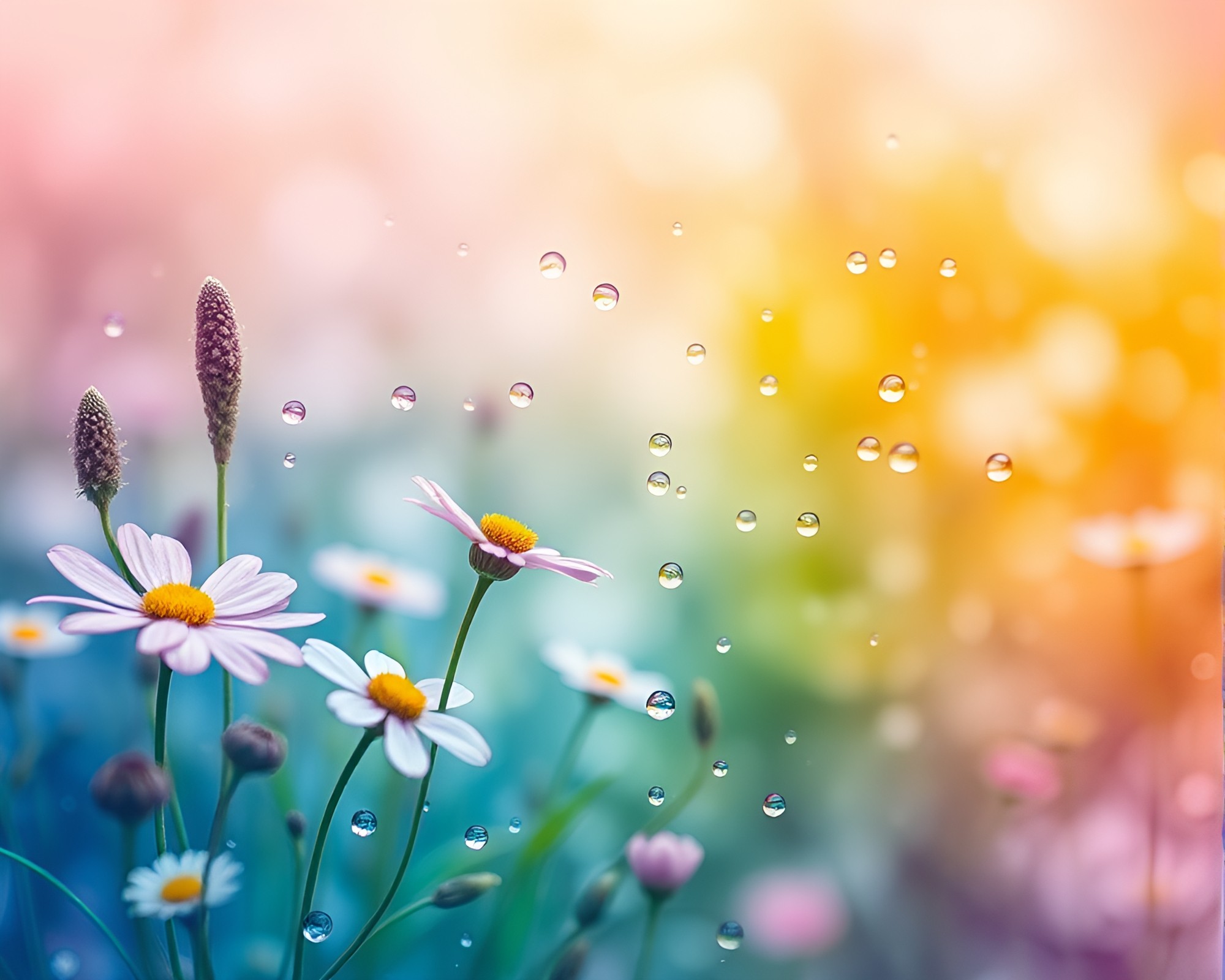 Vaporwave Meadow: Dreamy Water Droplets on Flower Petals – free AI stock image