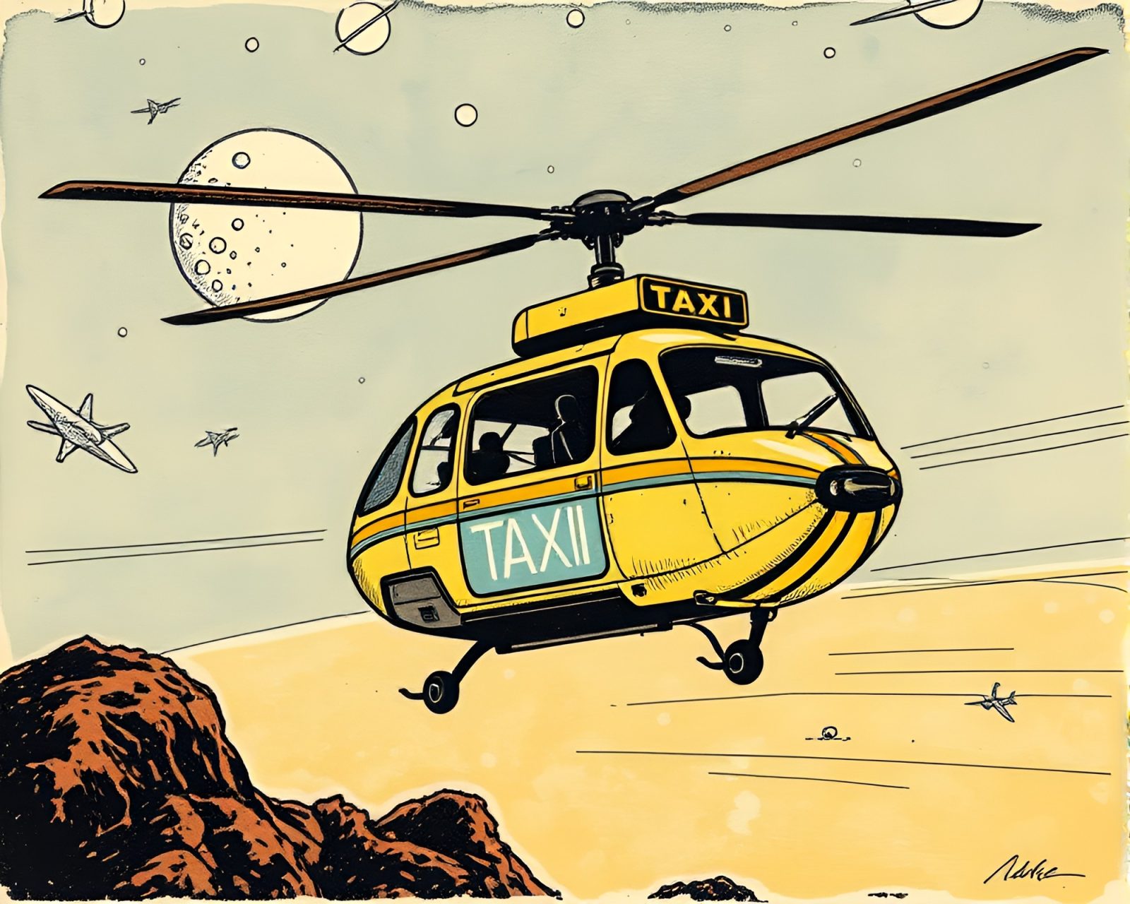 Woodcut style art of a futuristic hovering taxi