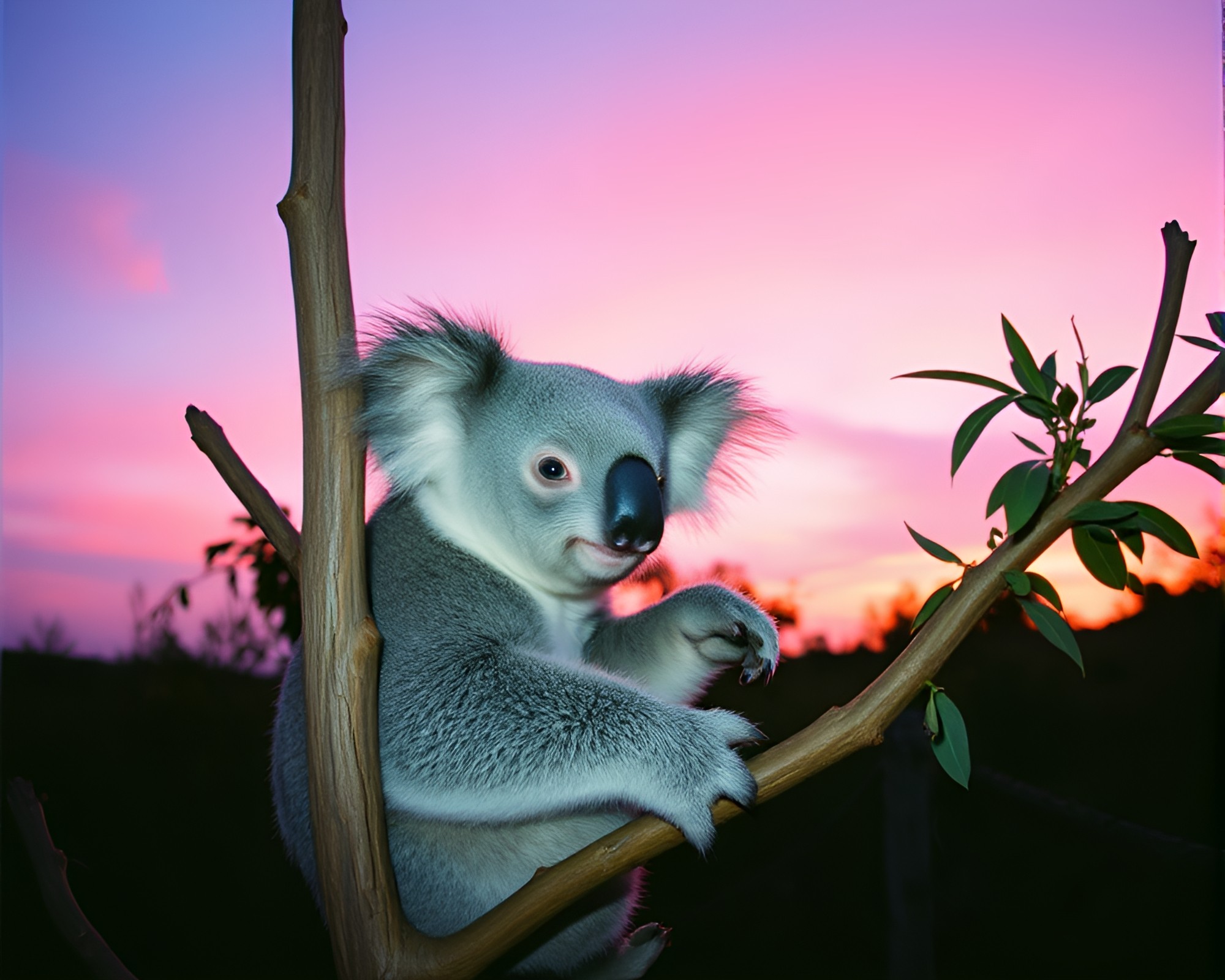 Koala in Twilight Film Burn Landscape – free AI stock image