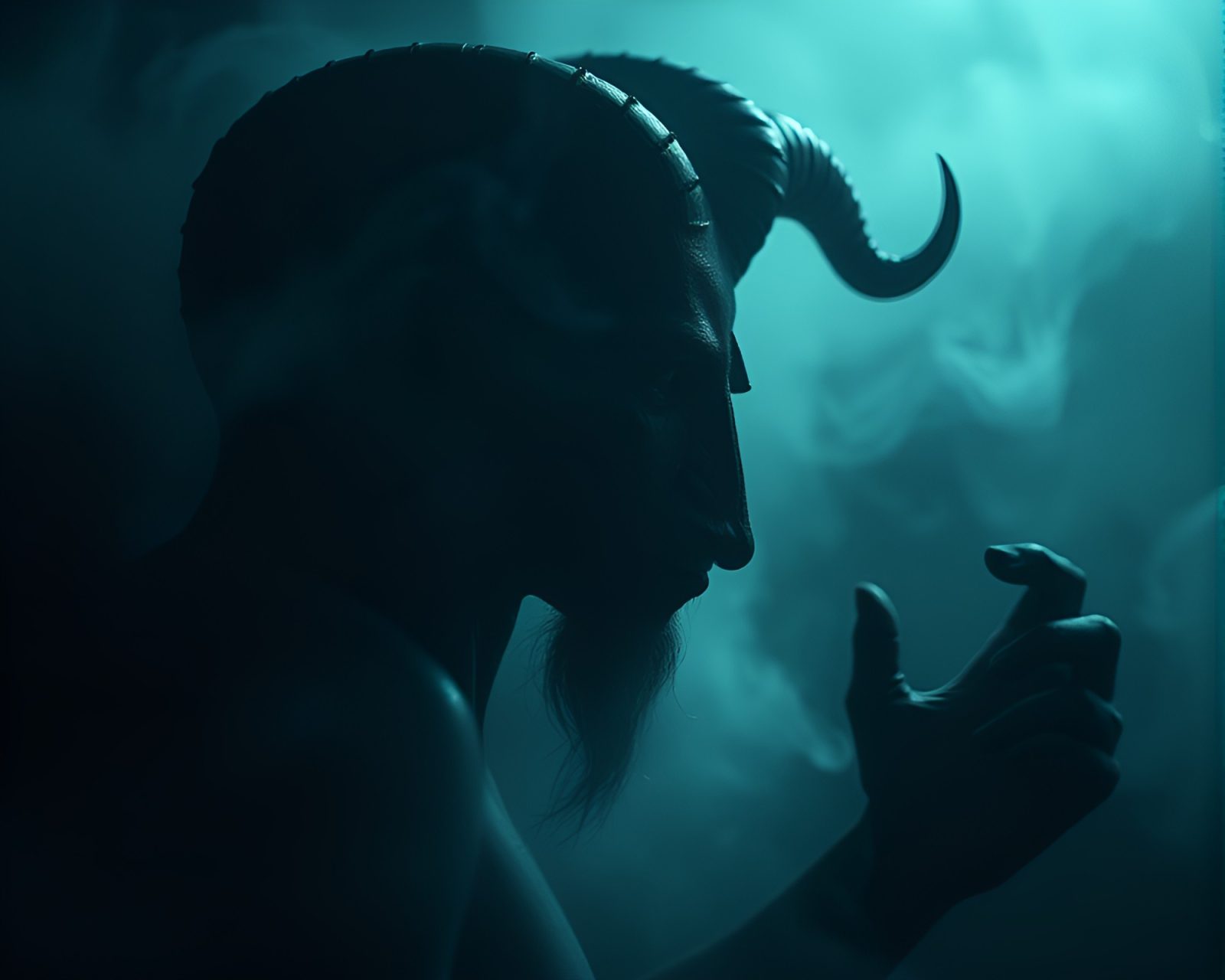 Enigmatic satyr surrounded by swirling fiber optic lights