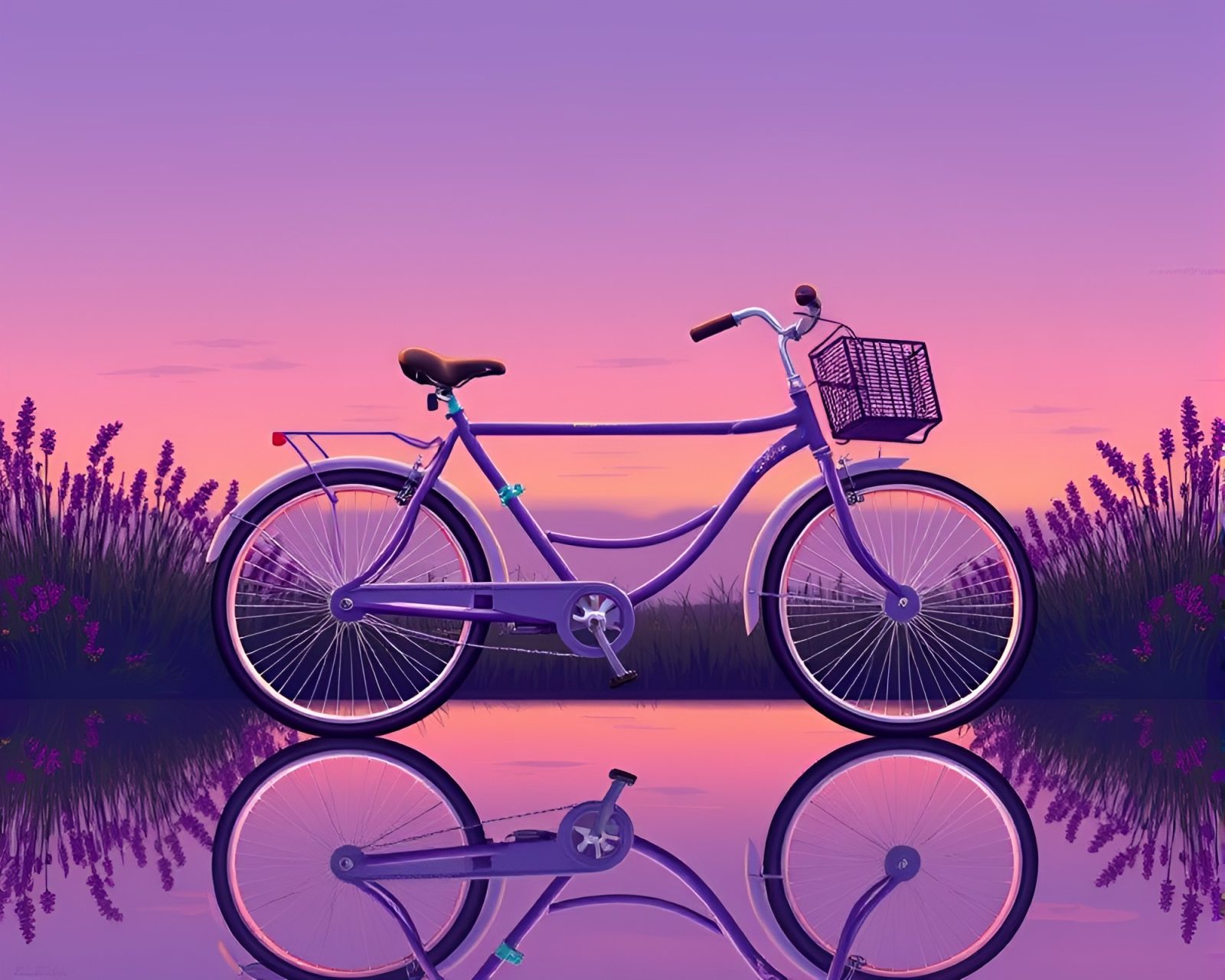 Editorial illustration of solar-powered bike with mirror symmetry at sunset