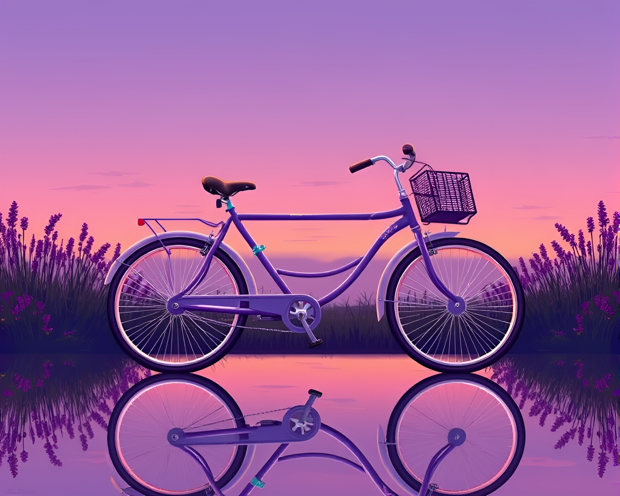 Solar-Powered Bike in Lavender Twilight with Mirror Symmetry – free AI stock image