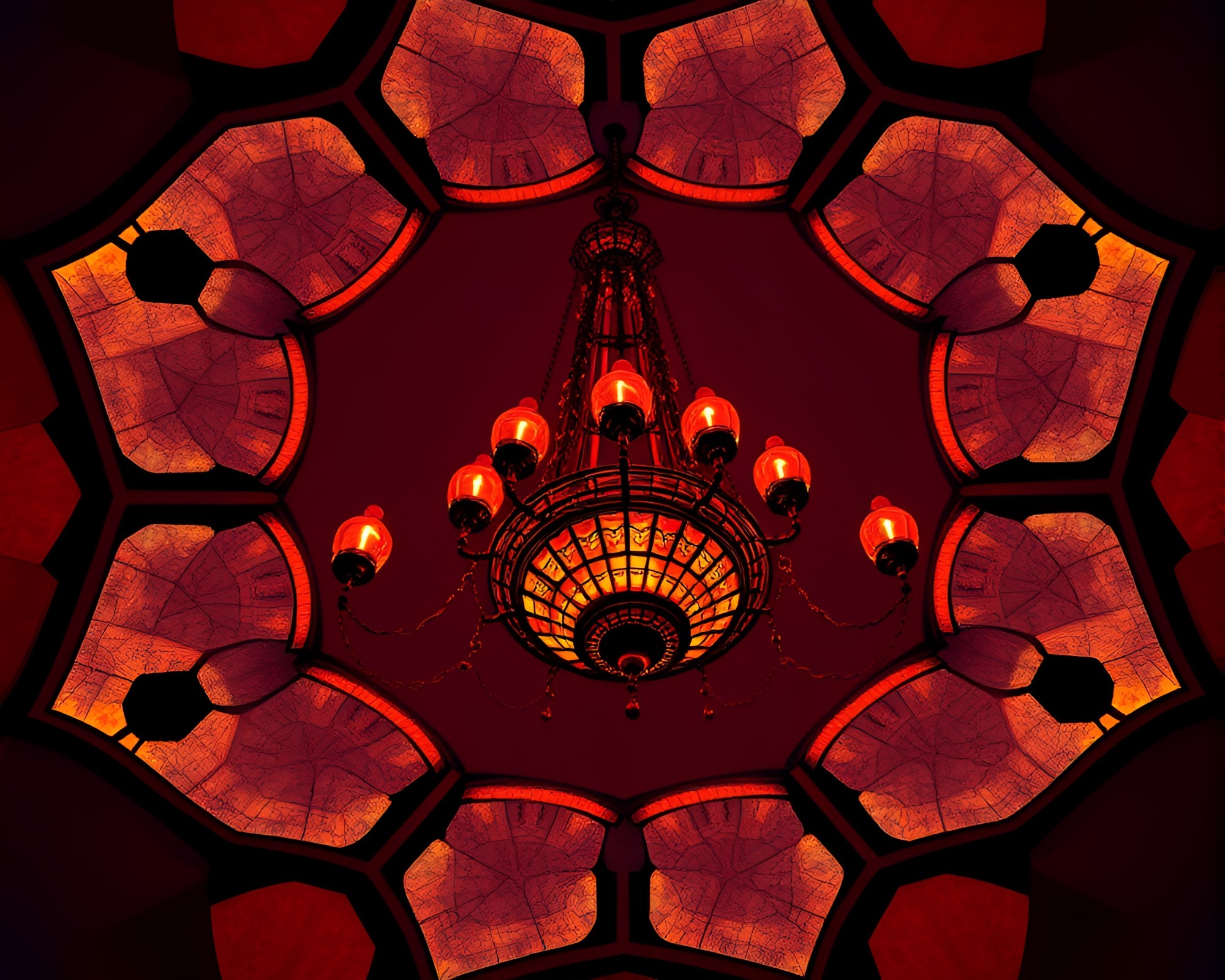Gothic Chandelier Illuminating Hexagonal Tiling at Sunset – free AI stock image
