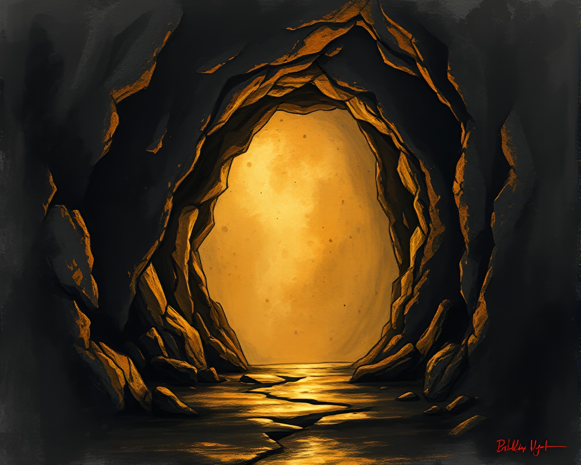 Bronze Patina Cybernetic Cave Entrance Sketch – free AI stock image