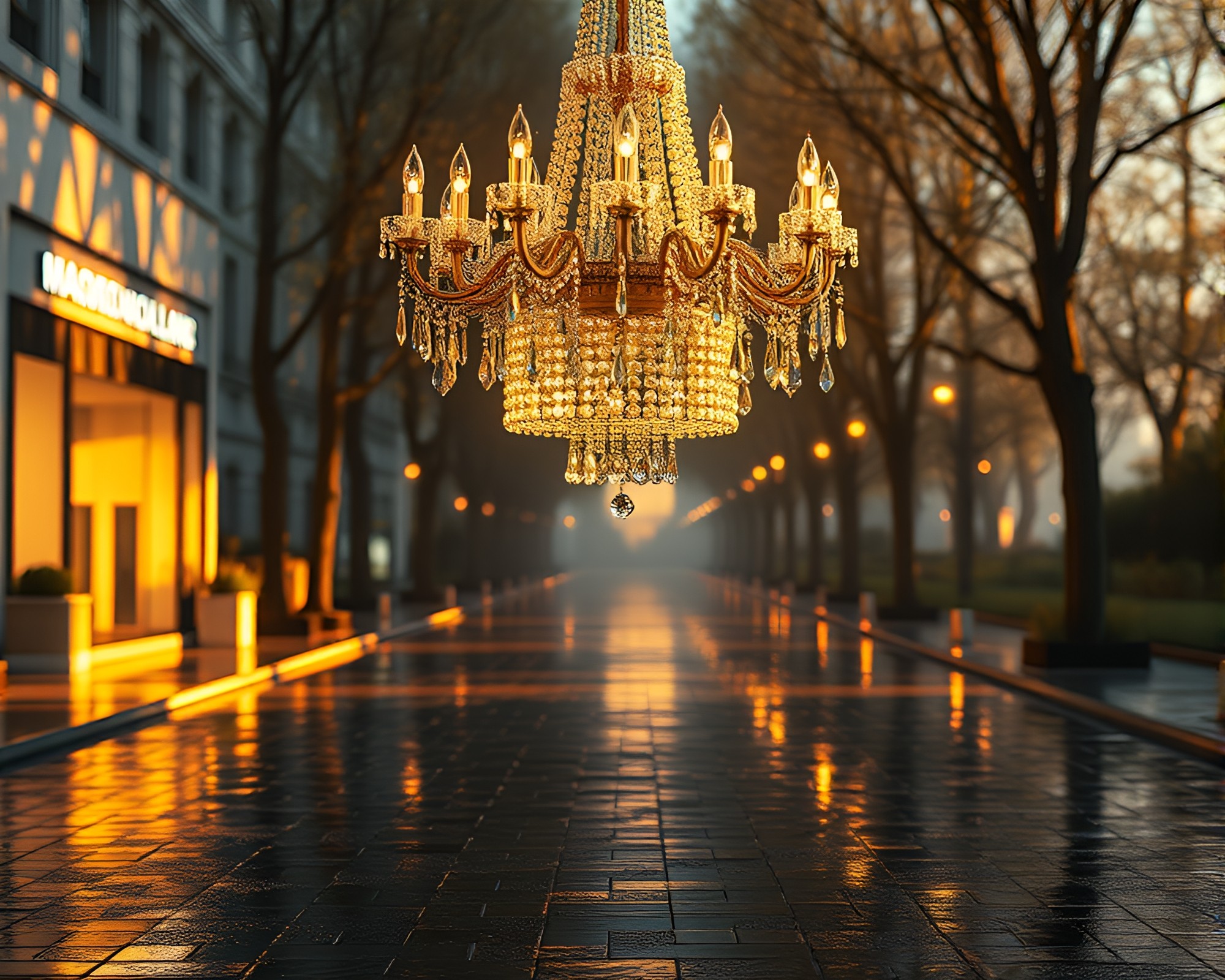 Morning Light Reflected on Wet Pavement beneath Crystal Chandelier – free AI stock image