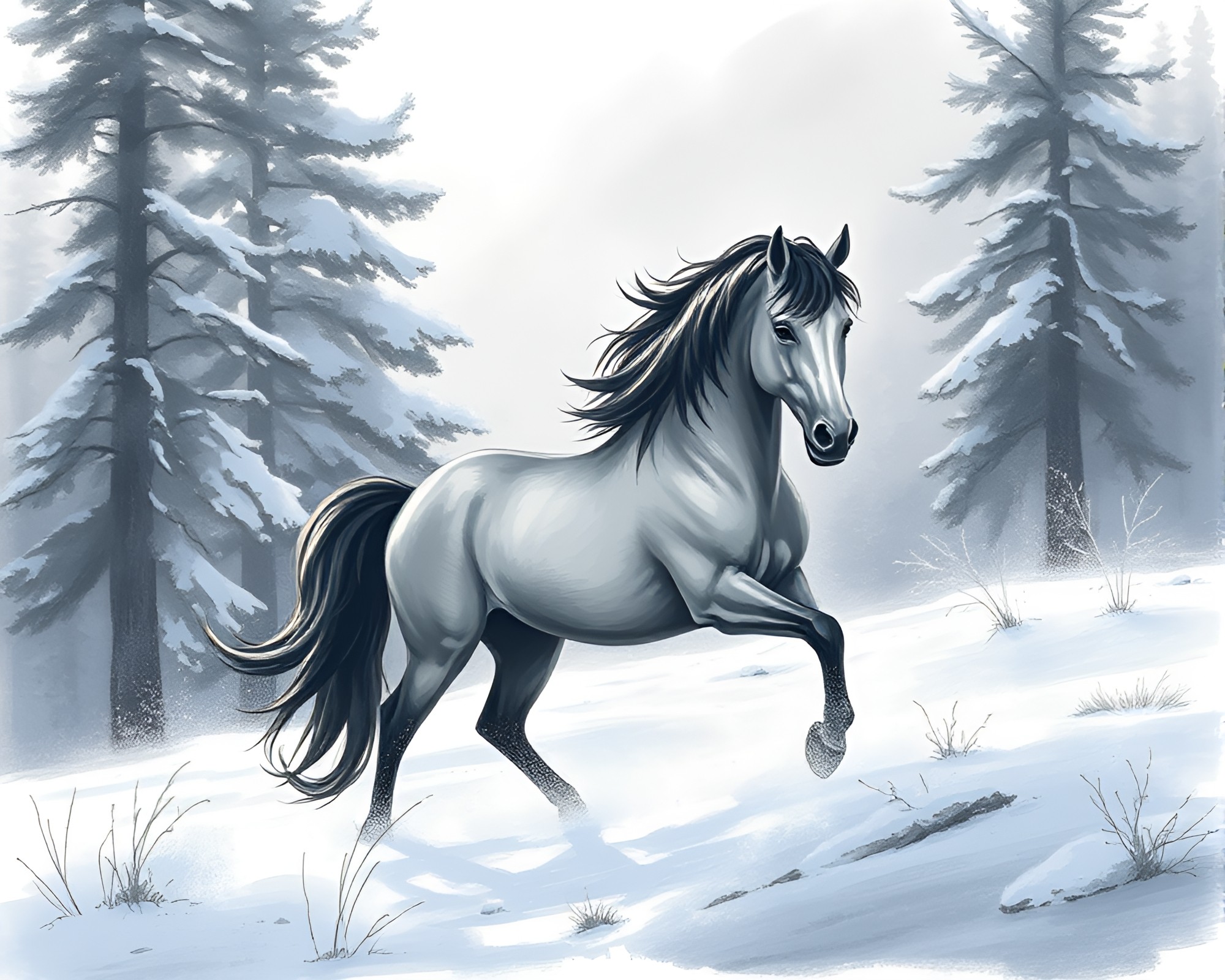 Charcoal Wild Stallion in Snow-Kissed 16-Bit Style – free AI stock image