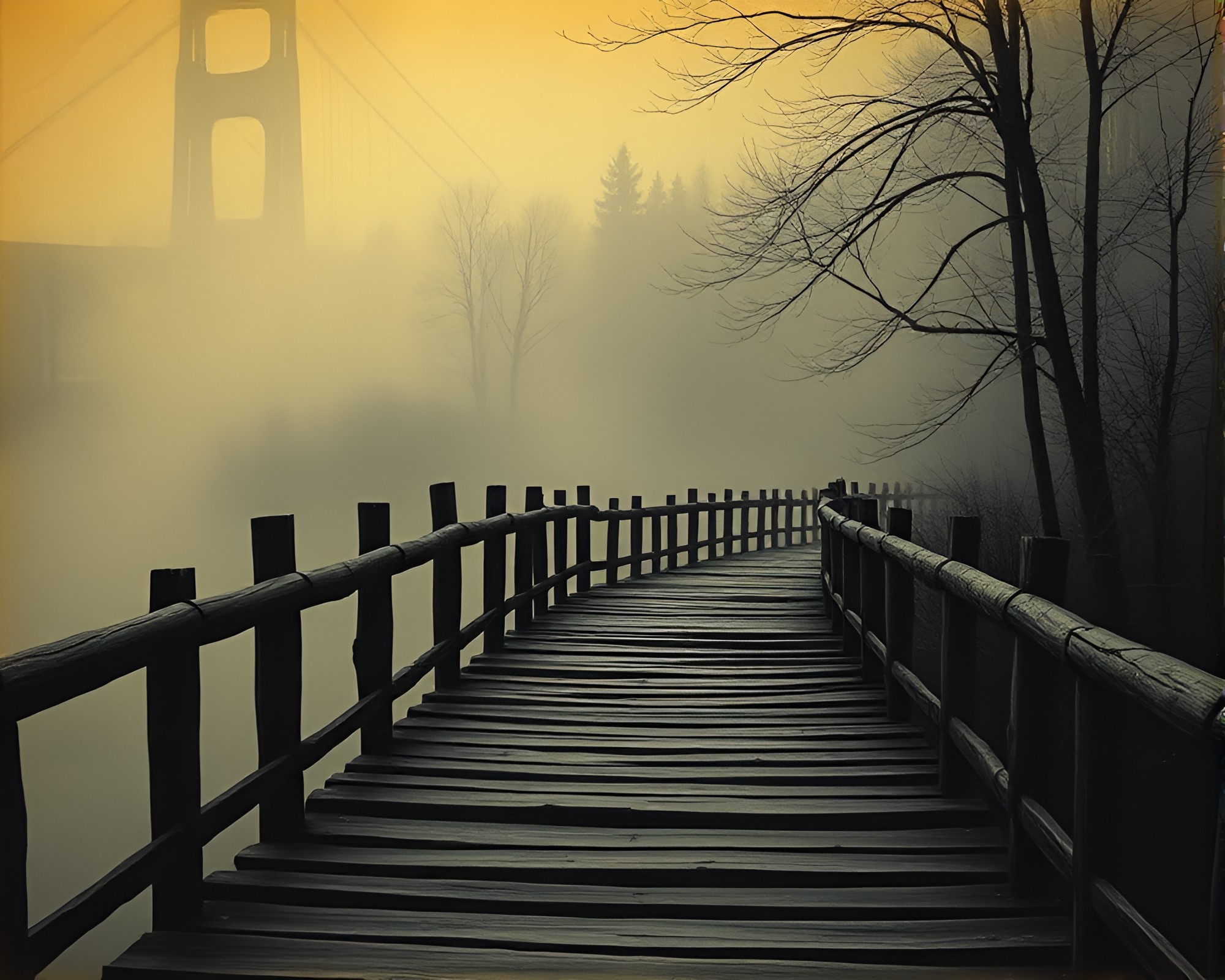 Enchanting Wooden Bridge in Smoky Twilight with Foil Stamping – free AI stock image