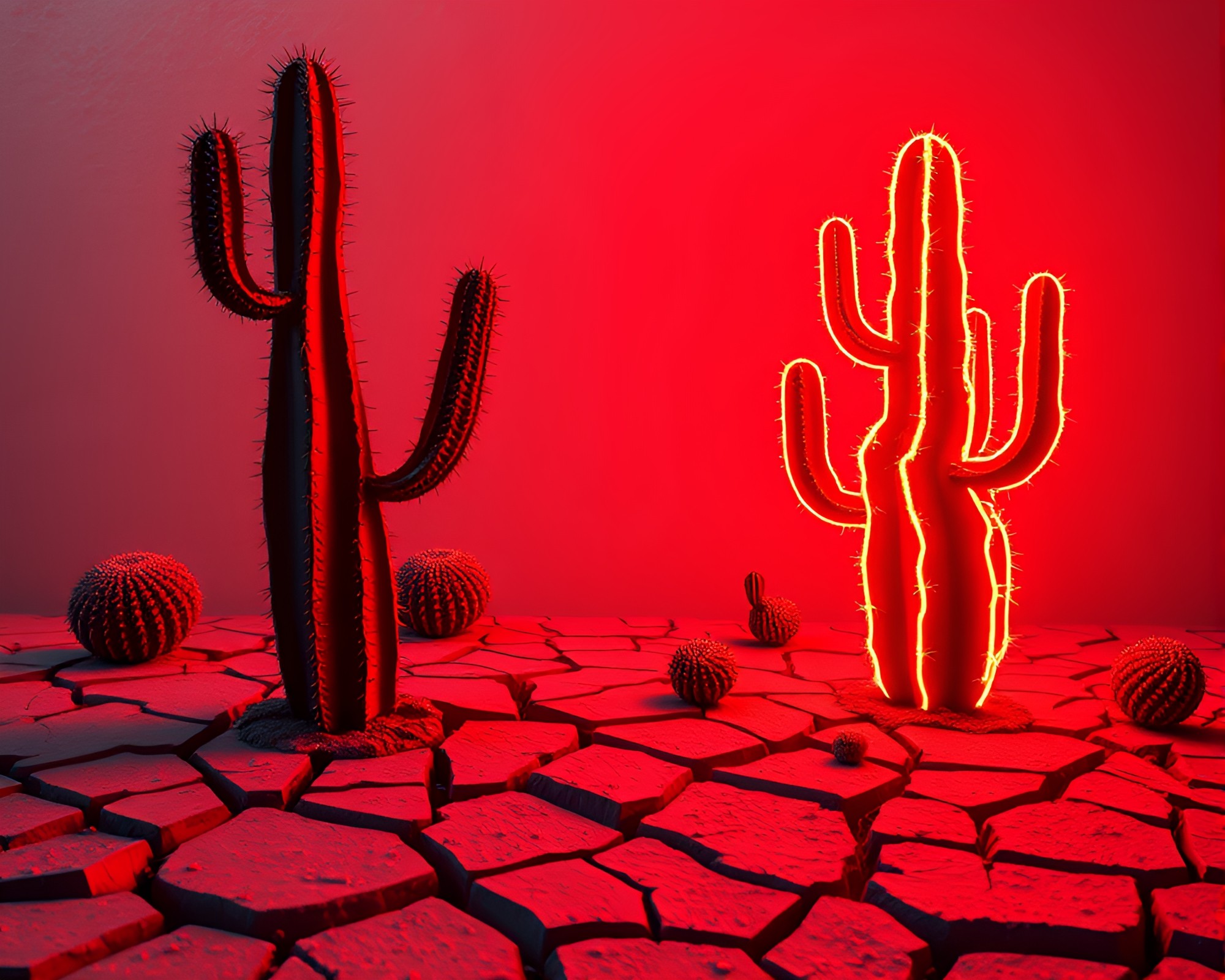 Neon Cactus Oasis on Cracked Earth Desert – free AI stock image