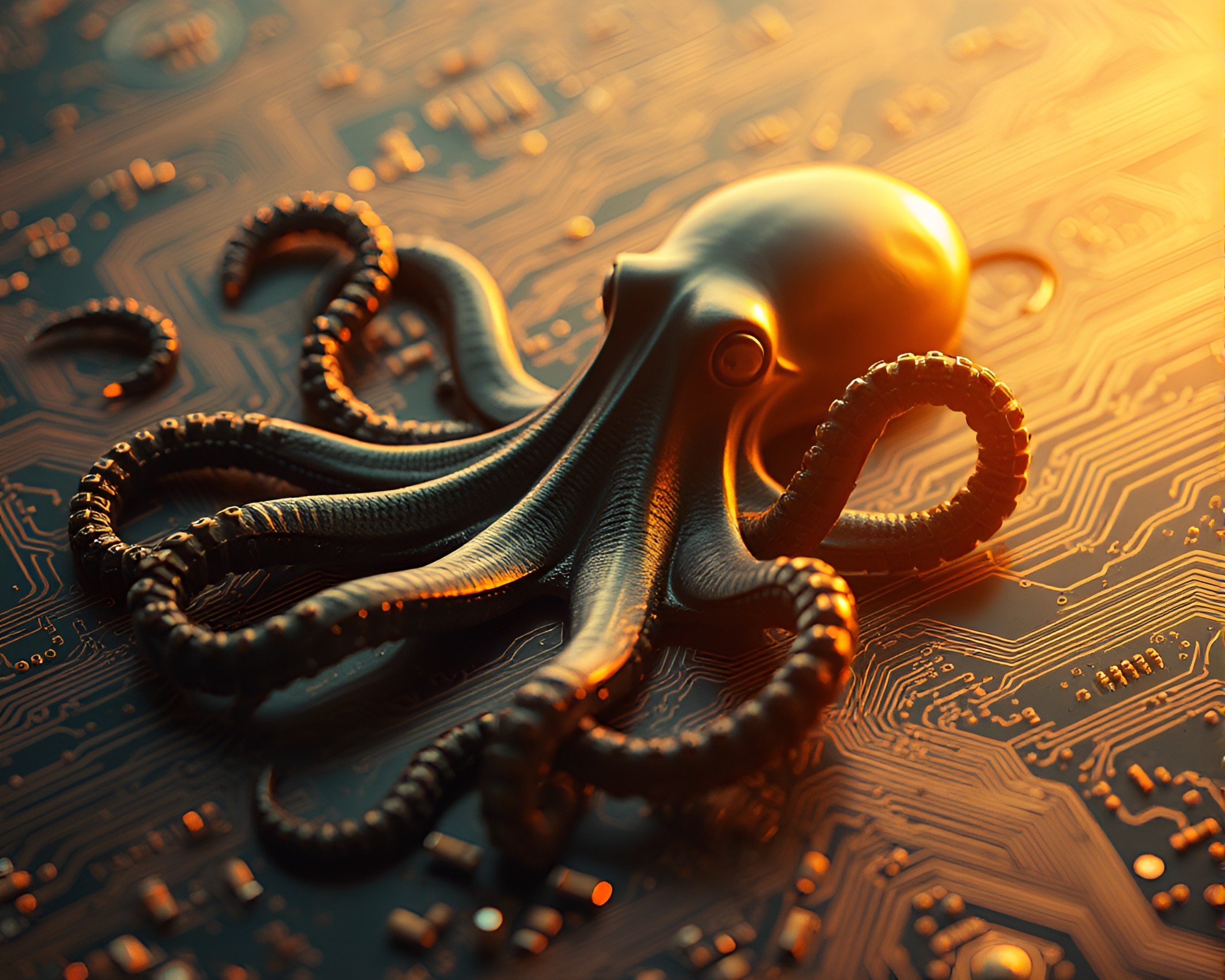 Octopus-themed Duotone Circuit Board in Morning Light – free AI stock image